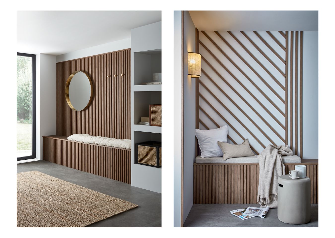 Two images show Walnut SlatWall Waterproof in different rooms. On the left shows an entrance area with the backwall covered in SlatWall, continued down onto the bench. On the right shows another bench covered in Slatwall Waterproof but Walnut  Individual SlatWall Slats have been used to make a geometric design on the wall