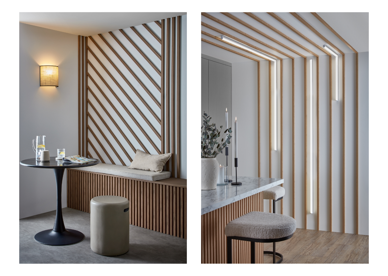 Two images. Left: SlatWall Waterproof panels in walnut around bench with small black table and stool. Waterproof individual slats used on wall behind in a diagonal pattern. Right: Waterproof individual slats spaced out vertically on a wall and onto ceiling. Strip lighting between the slats. Corner of kitchen island shown with bar stool.