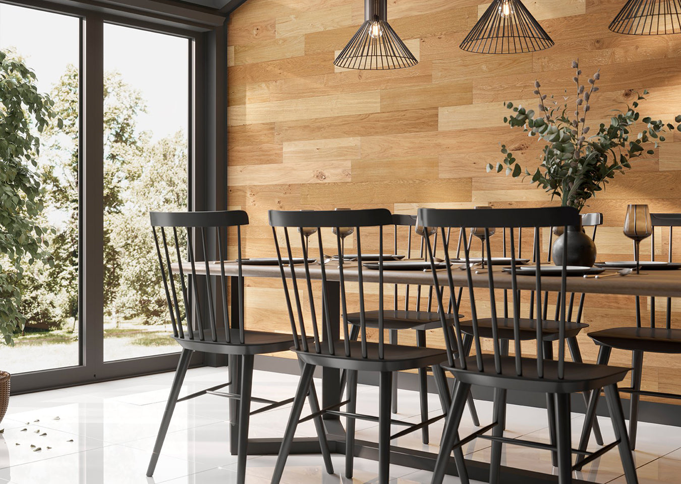 Peel & Stick New Forest planks on back wall next to glass double doors. Dining table set in front.