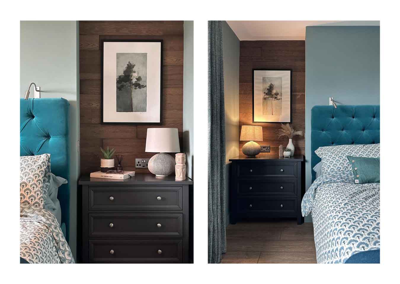 Blue bedroom with dark wood planks on the alcove walls, dark grey drawers, white lamps, house plants and monochrome wall art.