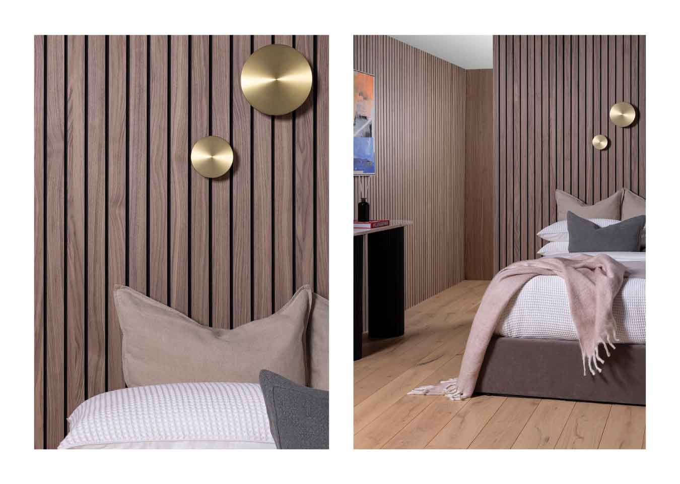 Left: Gold wall lights on walnut wood panelling. Right: bedroom with walnut wall panels, a brown and white bed, and pink throw.