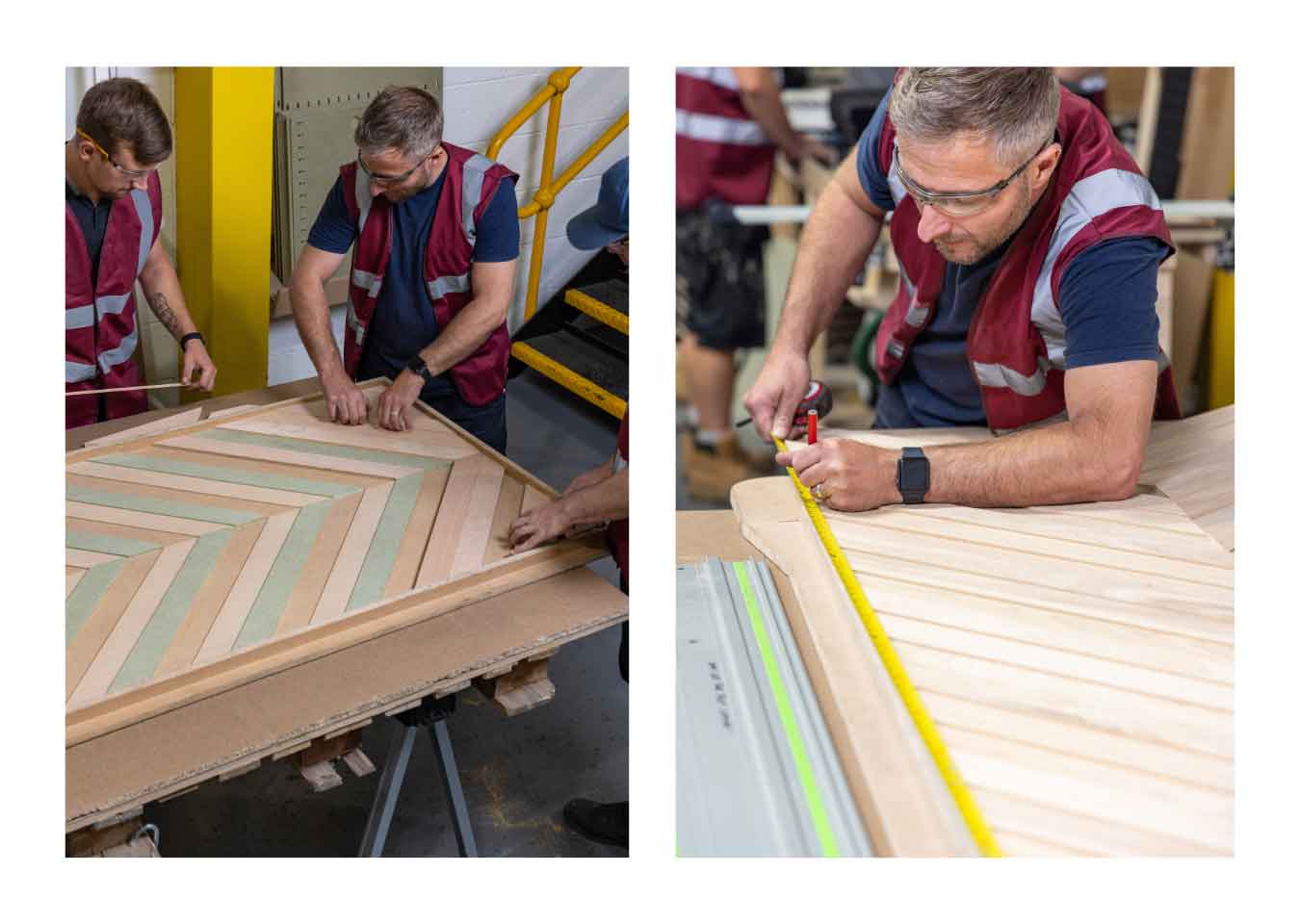 Left: Three men making chevron wood wall panelling. Right: Man measuring a chevron wood panel and marking with a pencil.