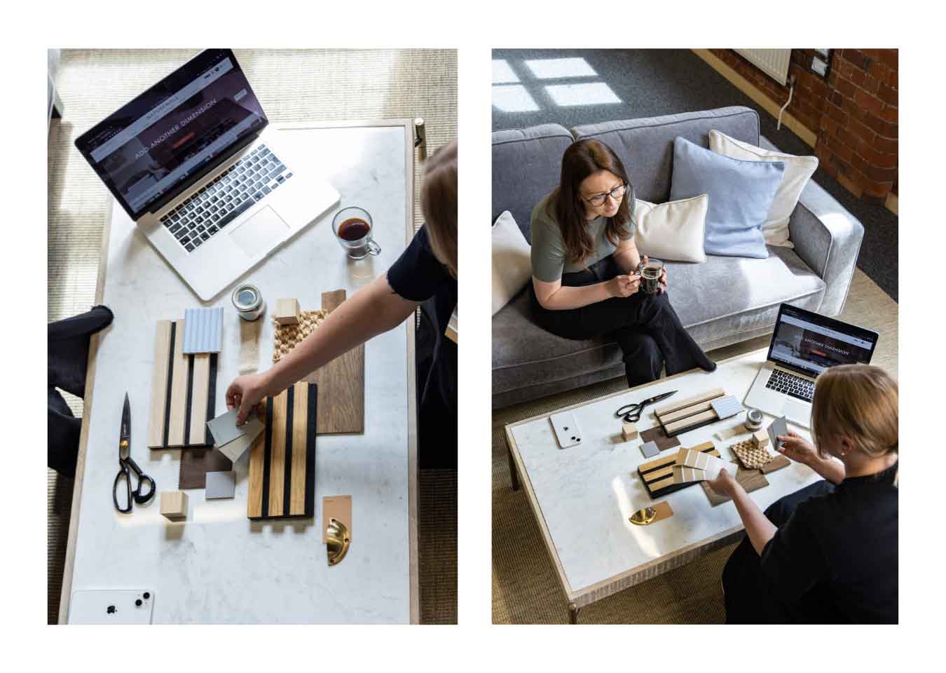 Left: A coffee table with an open laptop and wood panelling mood board. Right: two women sitting at the coffee table.