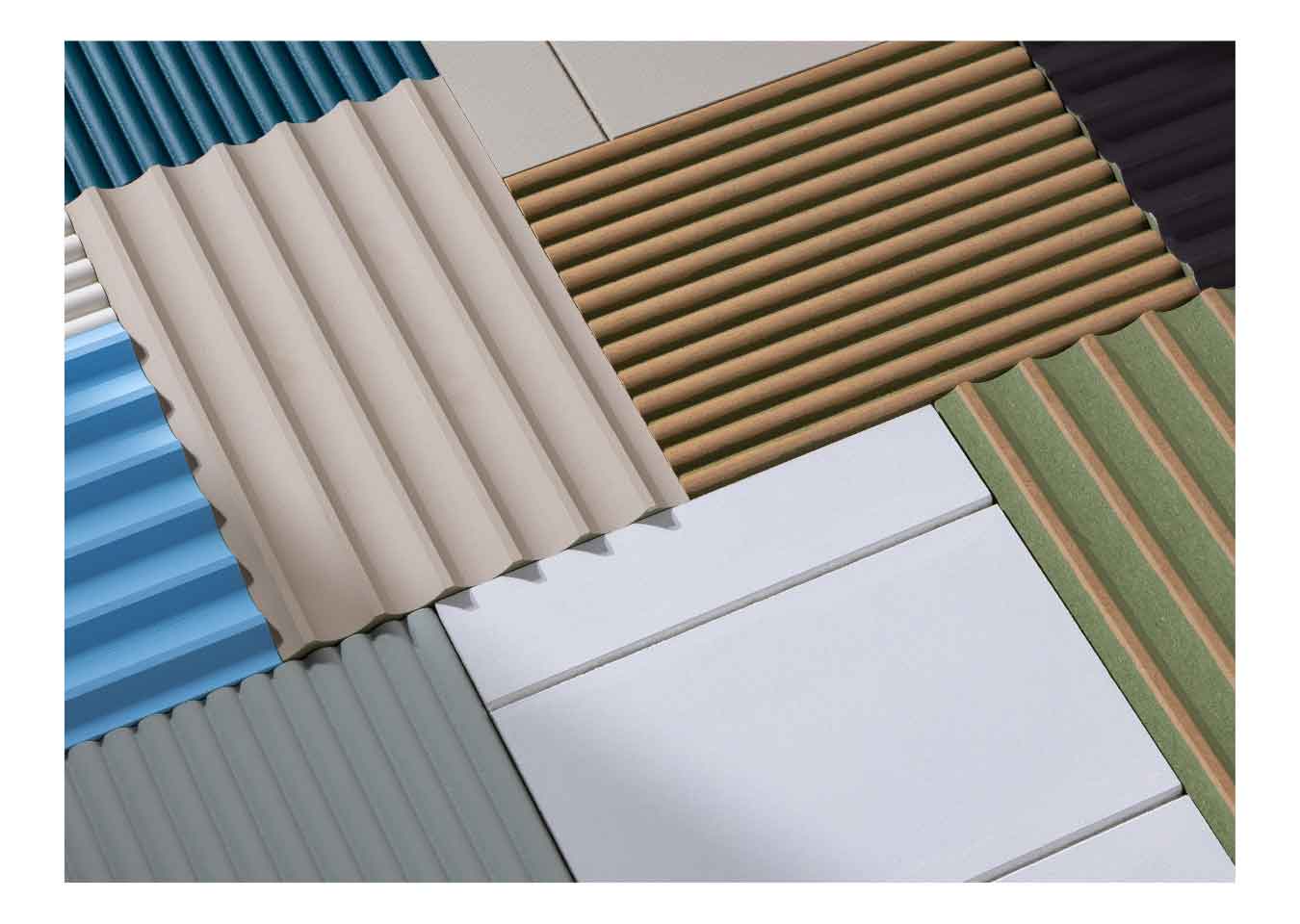 Tongue and Groove, Reeded Fine and Fluted wall panel samples in unprimed and primed MDF and blue, neutral and black paint.