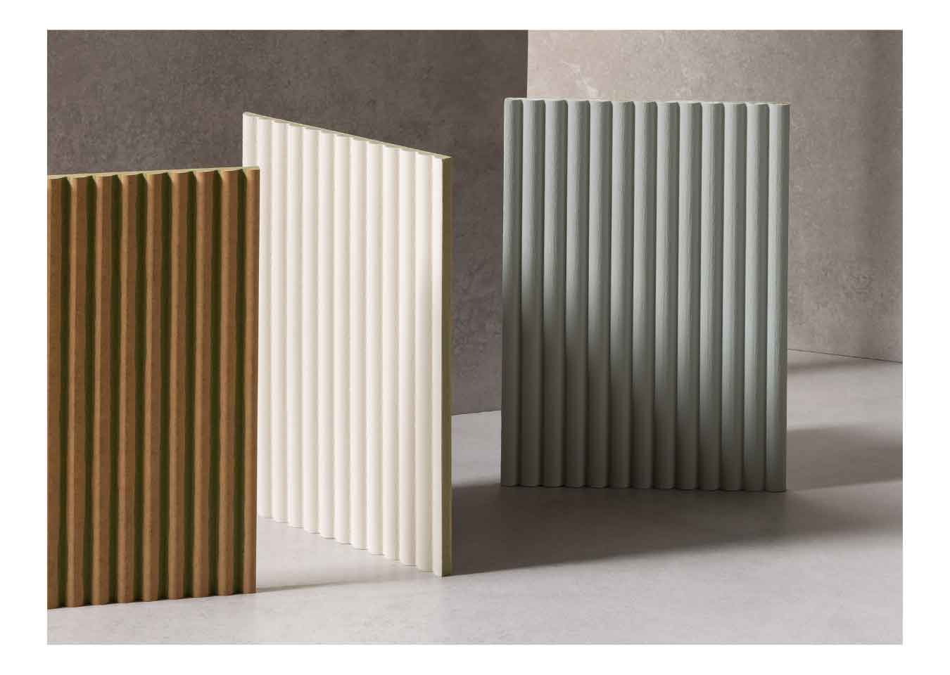 Unprimed, primed and painted Reeded Fine MDF wall panel samples.