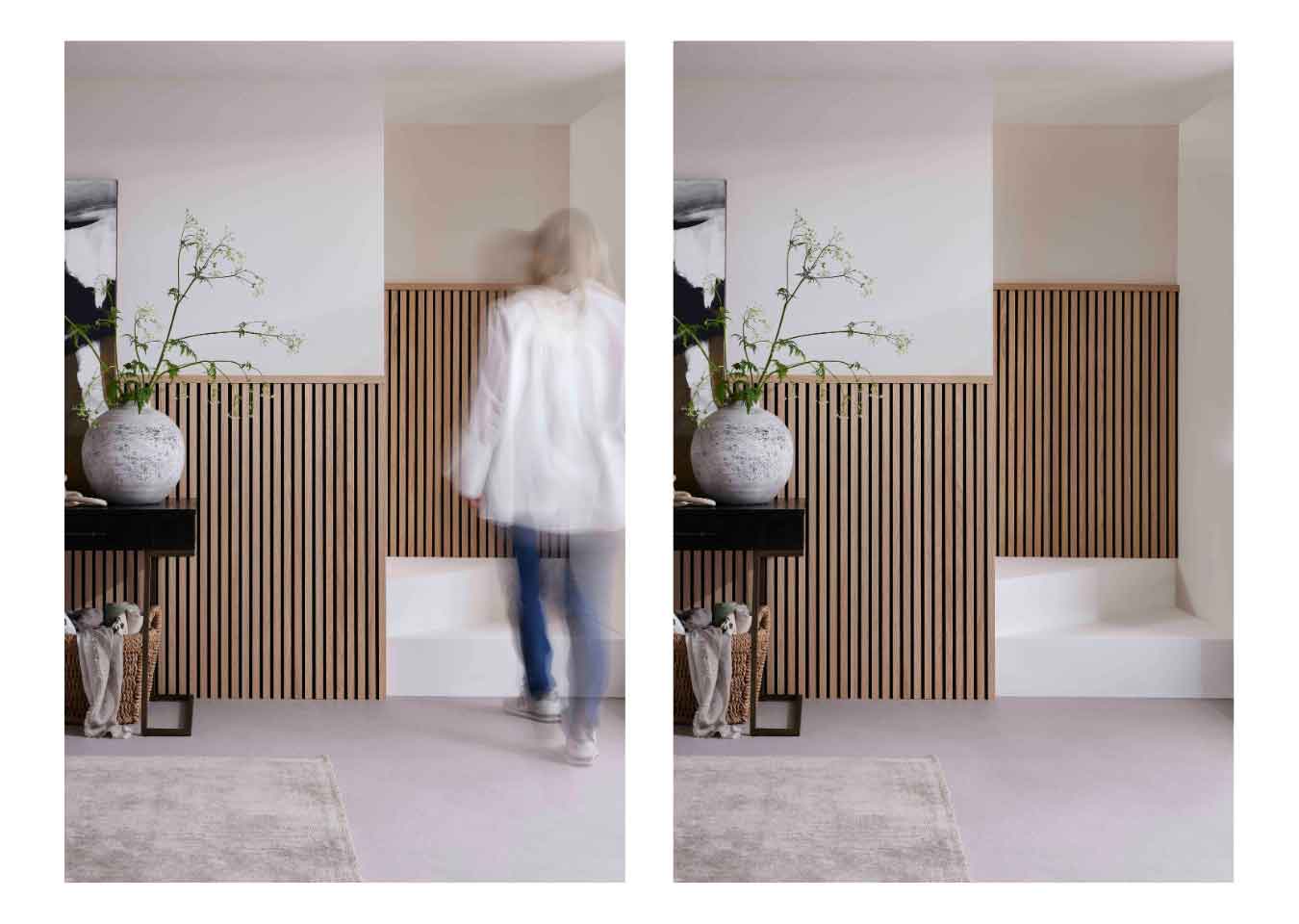 Left: a woman wearing a white shirt and blue jeans going up a staircase with slat panels. Right: the staircase without the woman.