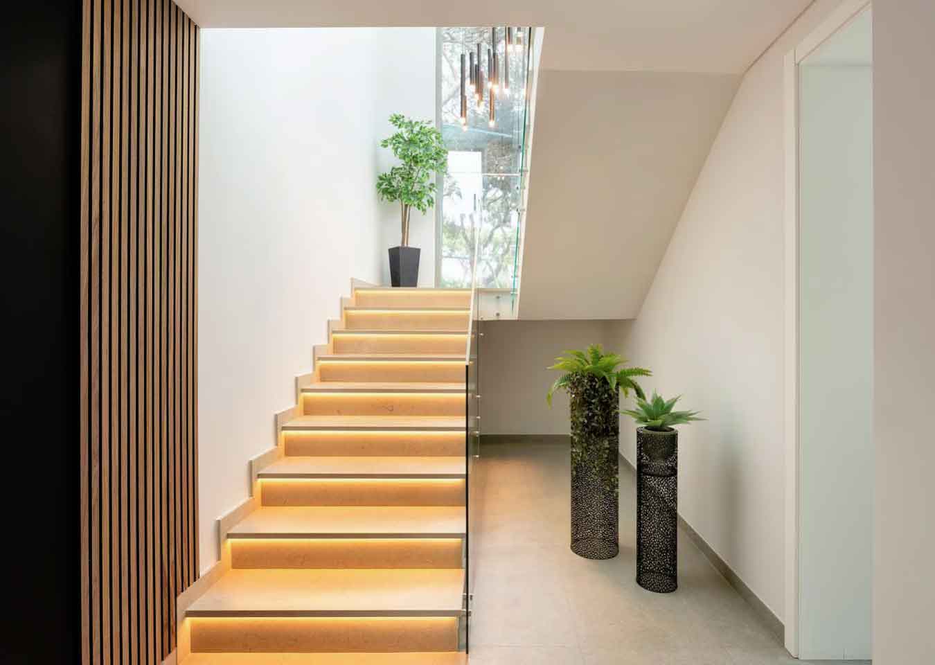 A staircase with walnut wood slat panelling, LED-lit stairs, a glass banister and three green houseplants in tall black vases.