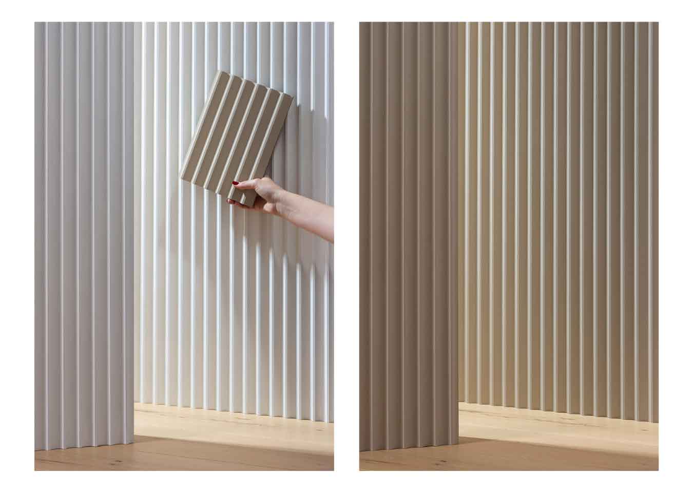 Left: Neutral painted Fluted sample held up against primed MDF wall panels. Right: neutral painted Fluted wall panels.