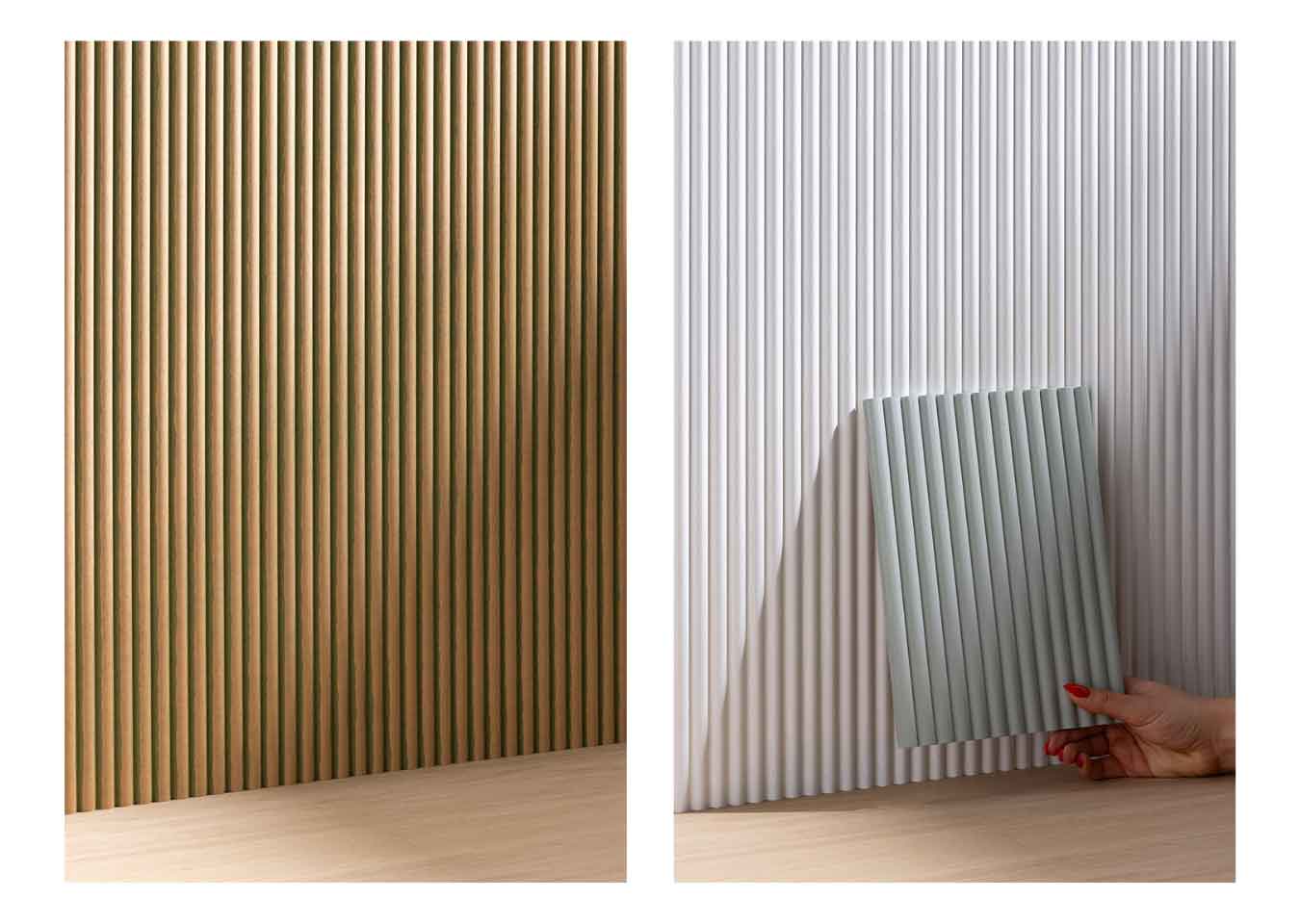 Left: unprimed Reeded Fine MDF wall panels. Right: light-blue painted Reeded Fine sample held up against primed panelling.