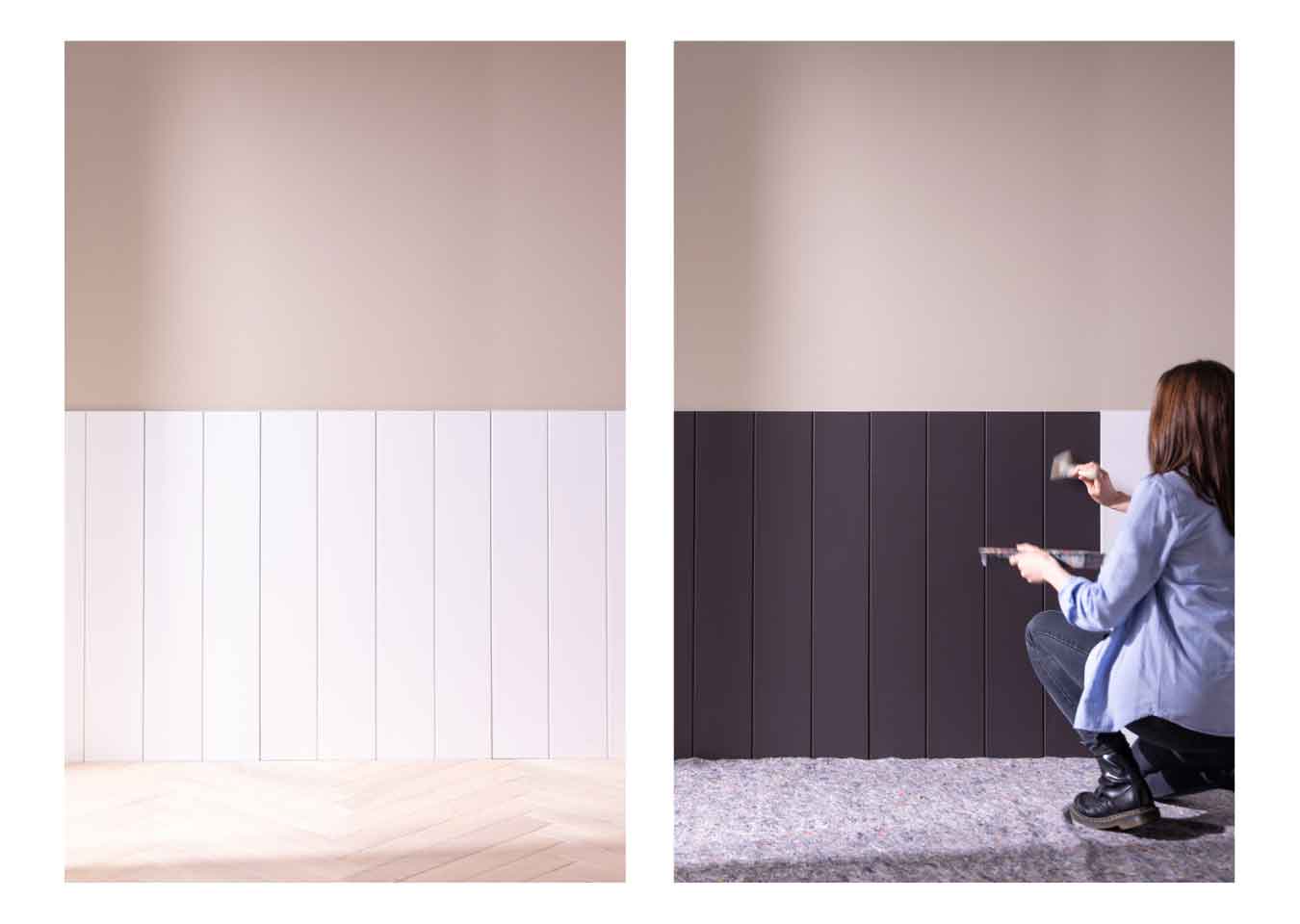 Left: white primed tongue and groove wall panels. Right: a woman wearing a blue shirt and black boots painting the panels.