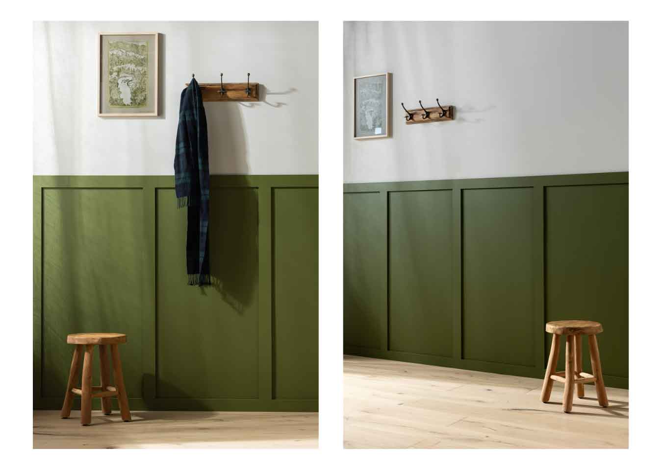 Left and right: Green half-height Shaker-style wall panelling with a wooden stool, coat hooks and an illustrated picture.