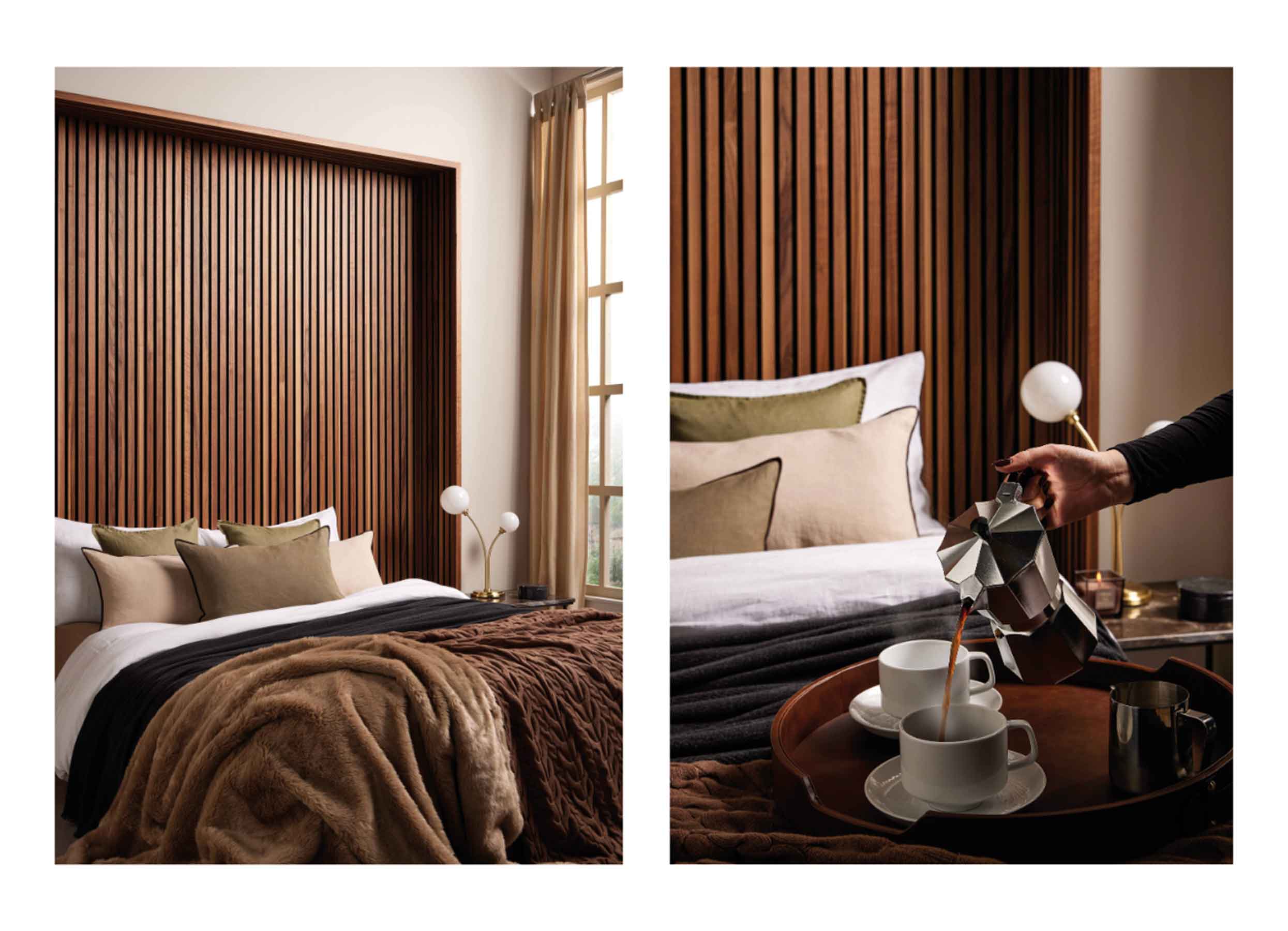 Brown bedroom with SlatWall Deep Walnut panels, a white bed, beige and green cushions, and brown blankets.