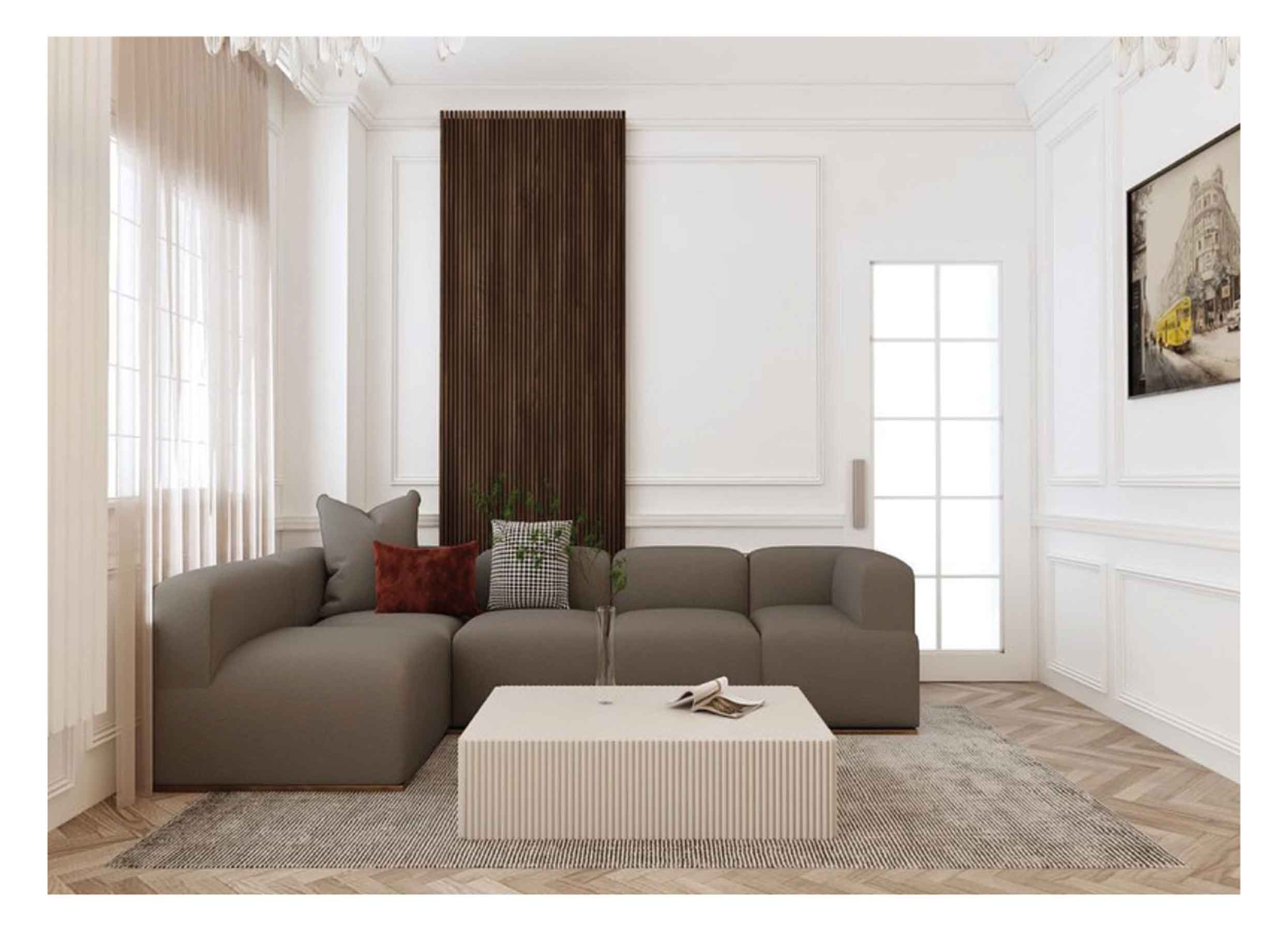 Wall panelling idea to mix white shaker-style and brown slatted panelling in a living room with a grey corner sofa.