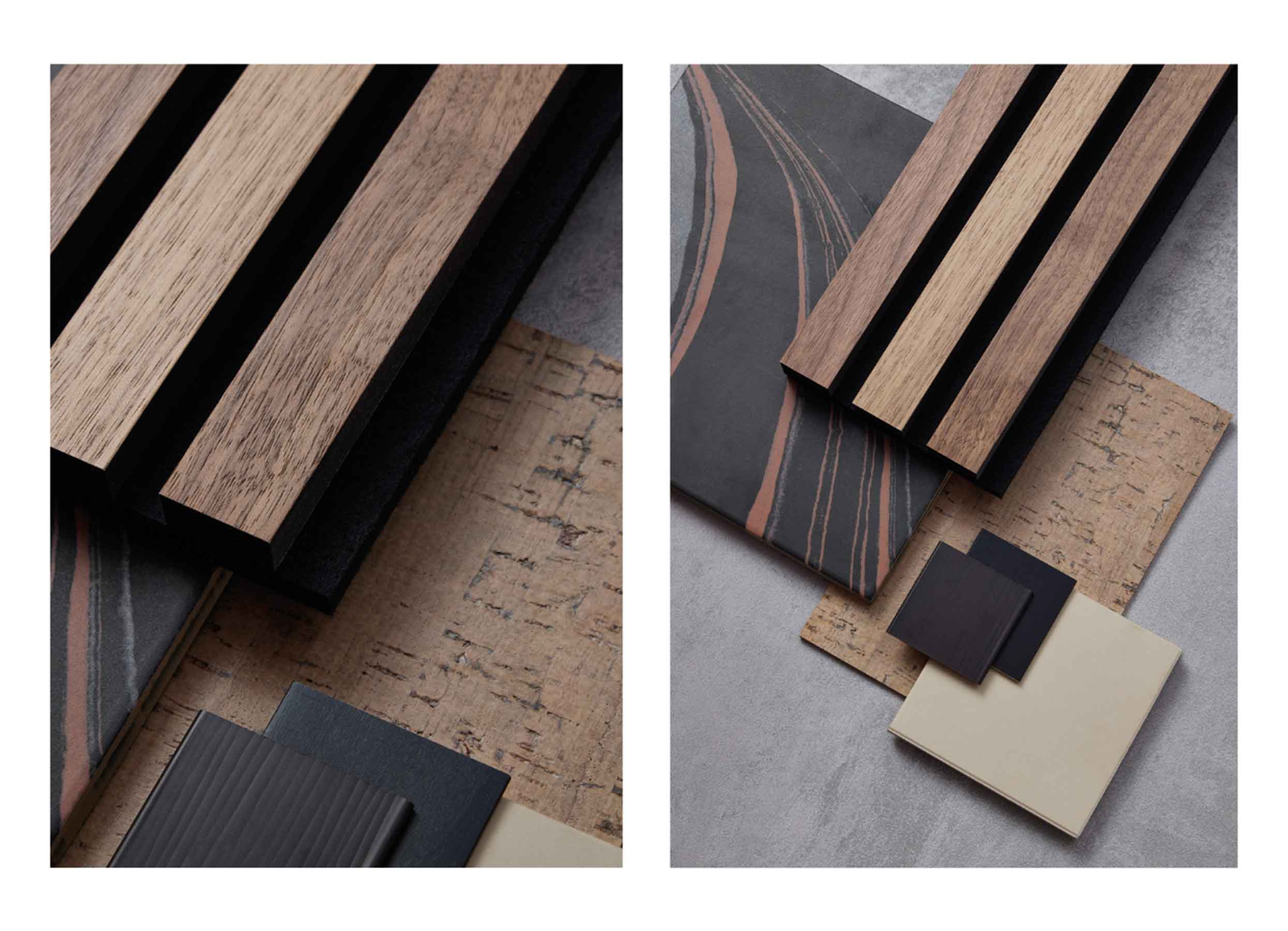 Interior design mood board of earthy tones featuring walnut SlatWall panel, beige cork, brown leather and black & red fabric.