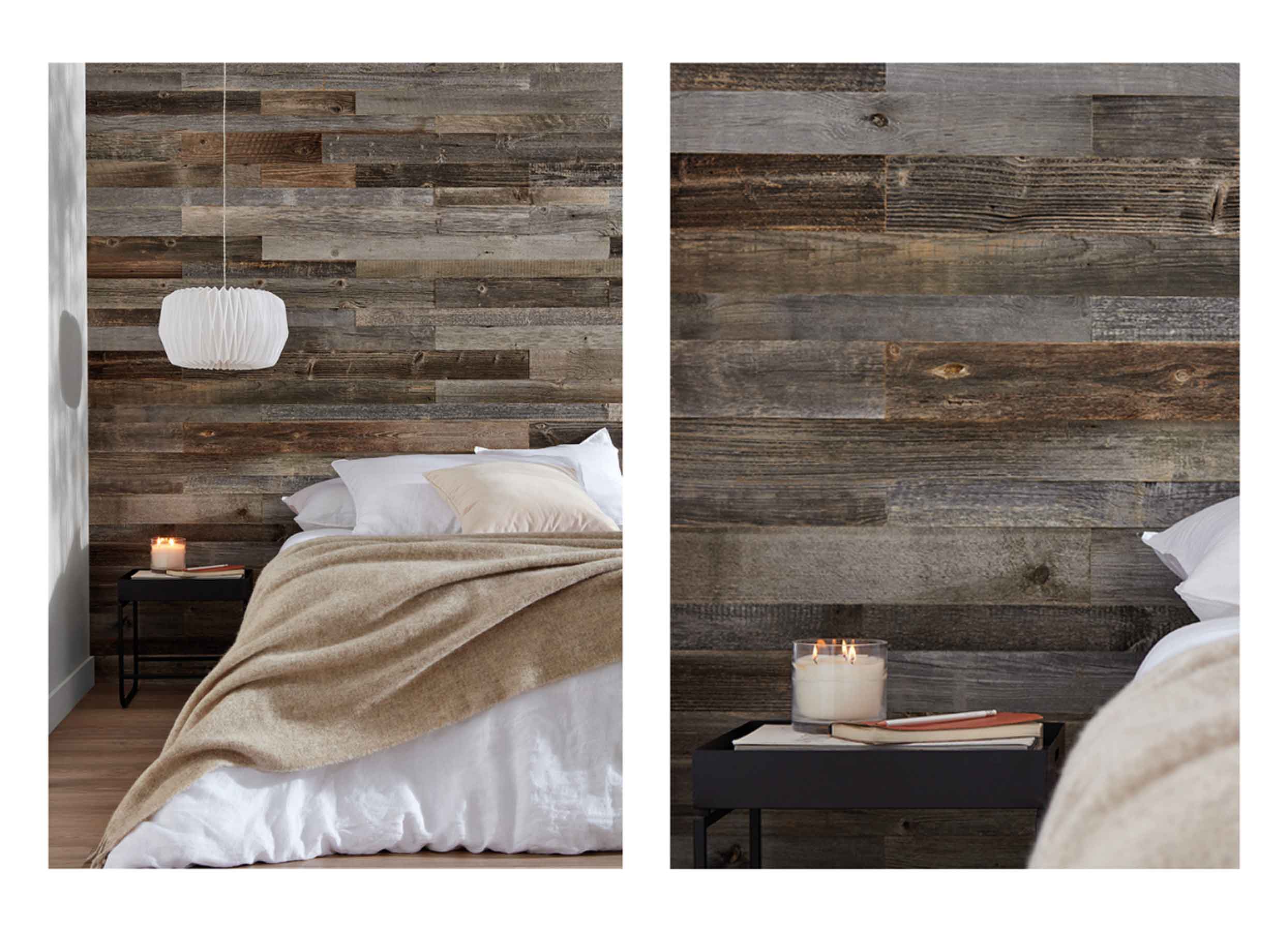 Grey reclaimed wood planks on a feature wall behind a white pendant light, white bed with beige blanket and black side table.