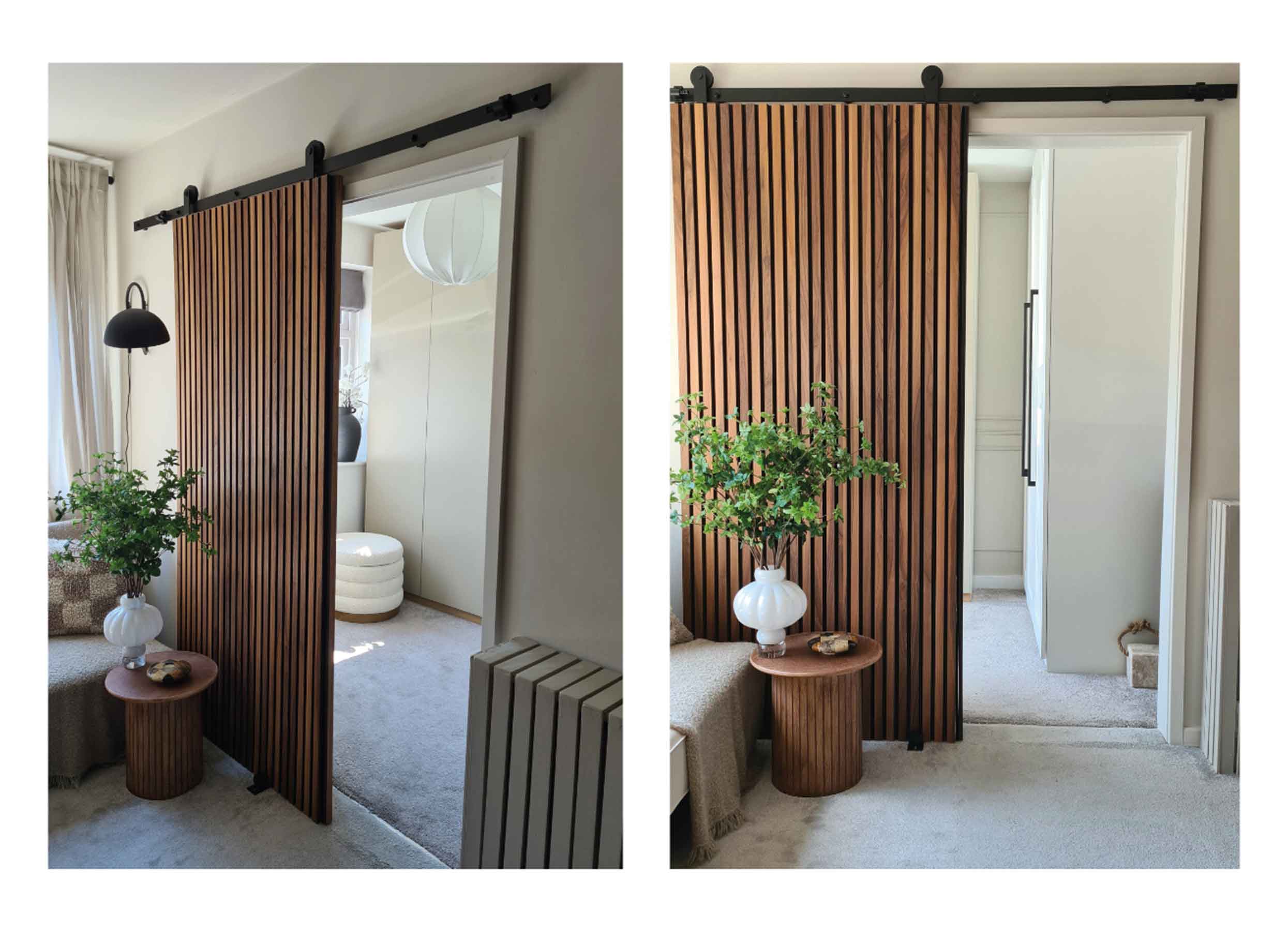 Brown wood panelling used to make a sliding door concealing a dressing room featuring white wardrobes.