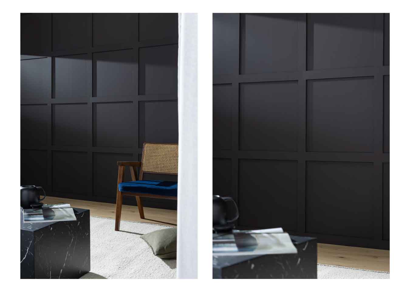 Dark-brown square Shaker-style wall panelling behind a brown and blue chair and a black marbled table with a black teapot.