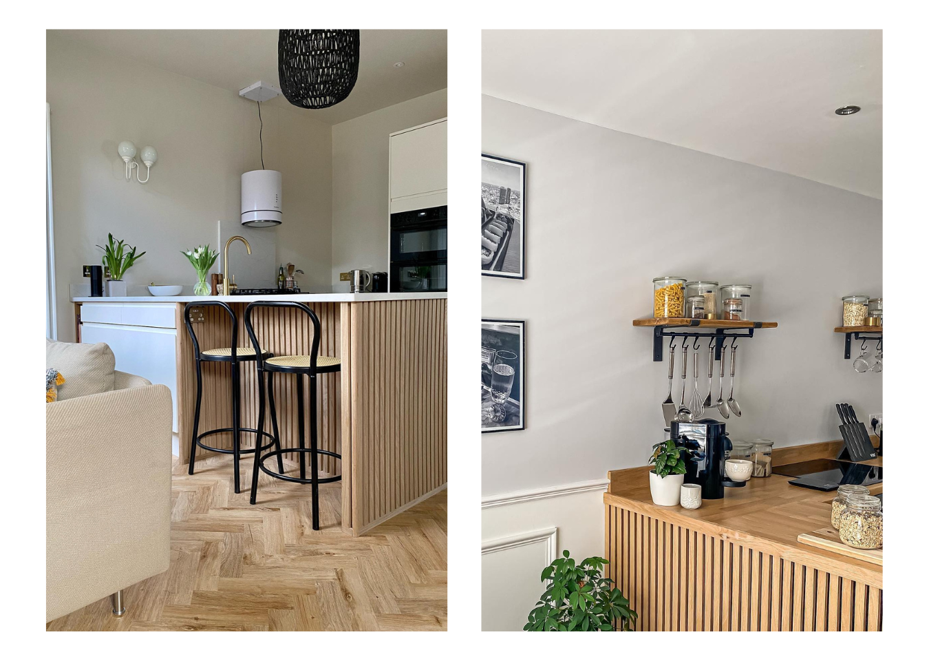 Two images. Left: Natural Oak SlatWall around a breakfast bar base with bar stools. Right: SlatWall natural oak panels seen around a breakfast bar base. Image shows corner of this with shelving on the wall holding jars of pasta.