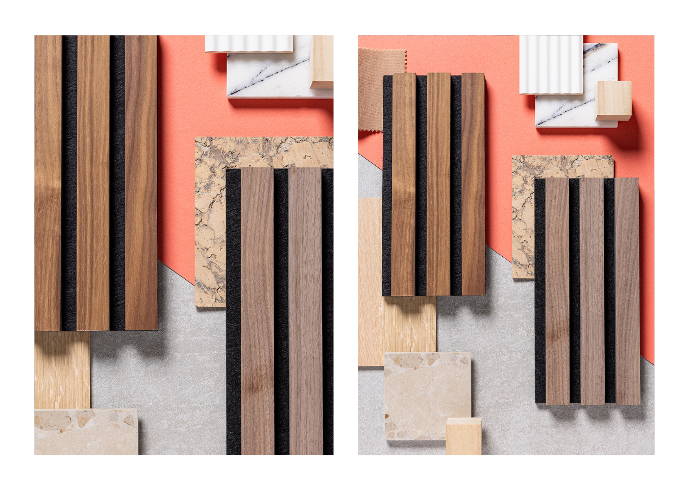 SlatWall Walnut and Deep Walnut sample board for interiors featuring coal, white and neutral shades, and stone finishes.