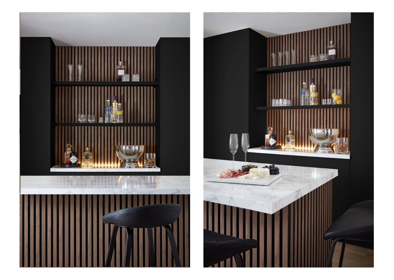 A home bar with SlatWall Waterproof Walnut wall panelling on the kitchen island and alcove shelves.