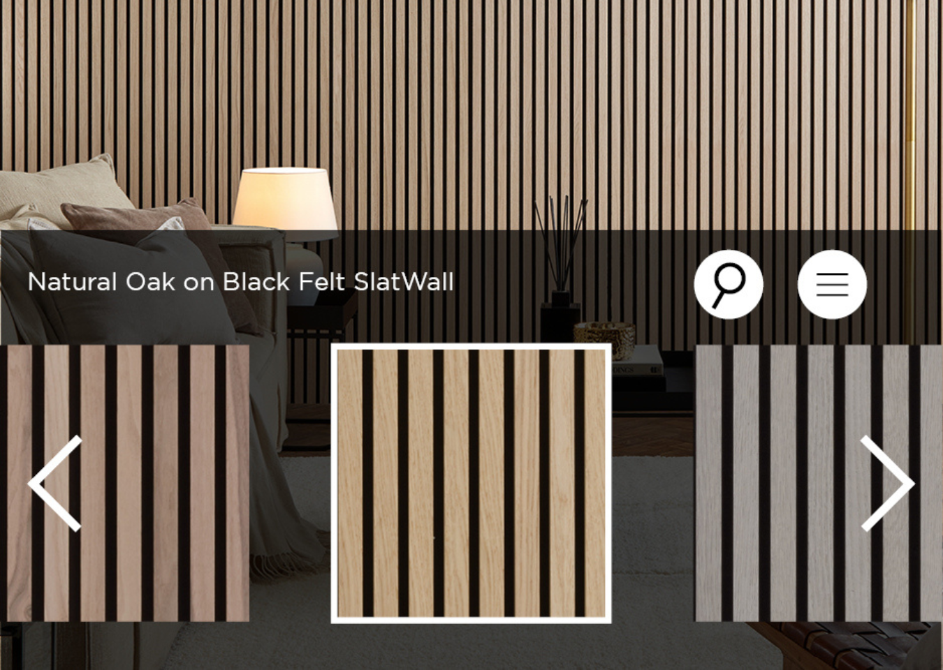 a selection reel of three SlatWall panel options in Naturewall's room visualiser tool