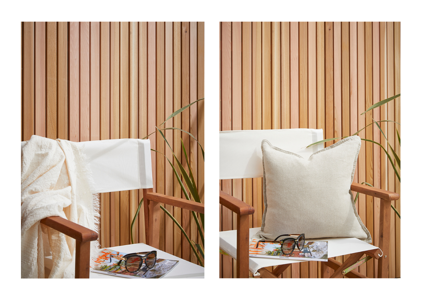 Left: Cedar fence behind a white chair with a blanket, magazine and sunglasses placed on top. Right: the same chair with a beige cushion.