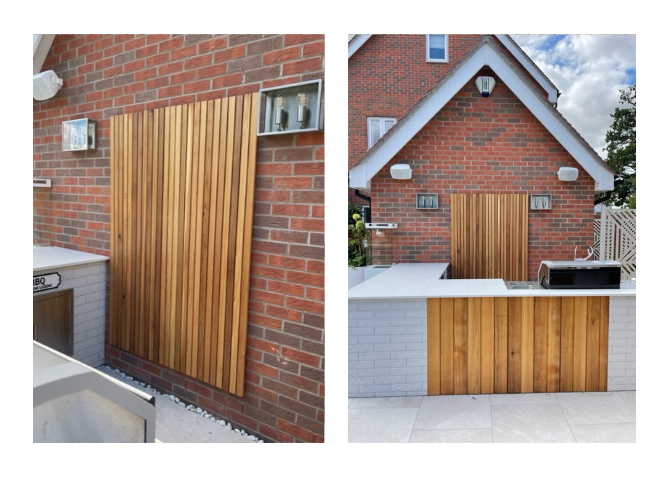 Left: Cedar panels as decorative wall cladding in an outdoor bar. Right: barbeque kitchen with a backdrop of Cedar panels.