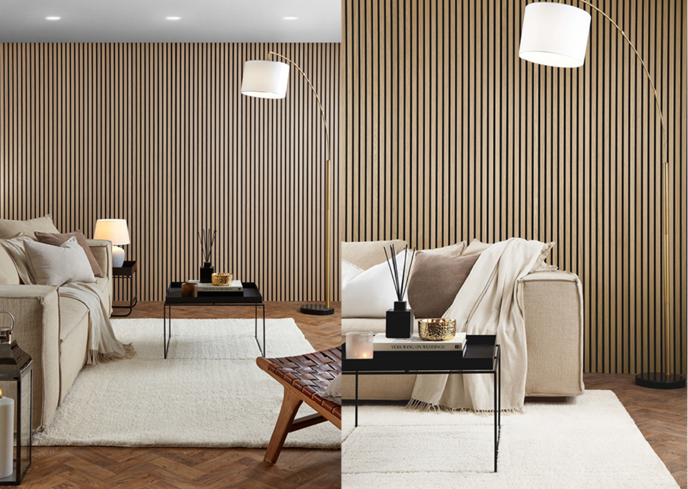 Two visualiser tool renderings of SlatWall Natural Oak in a living room with a beige sofa and black coffee table.