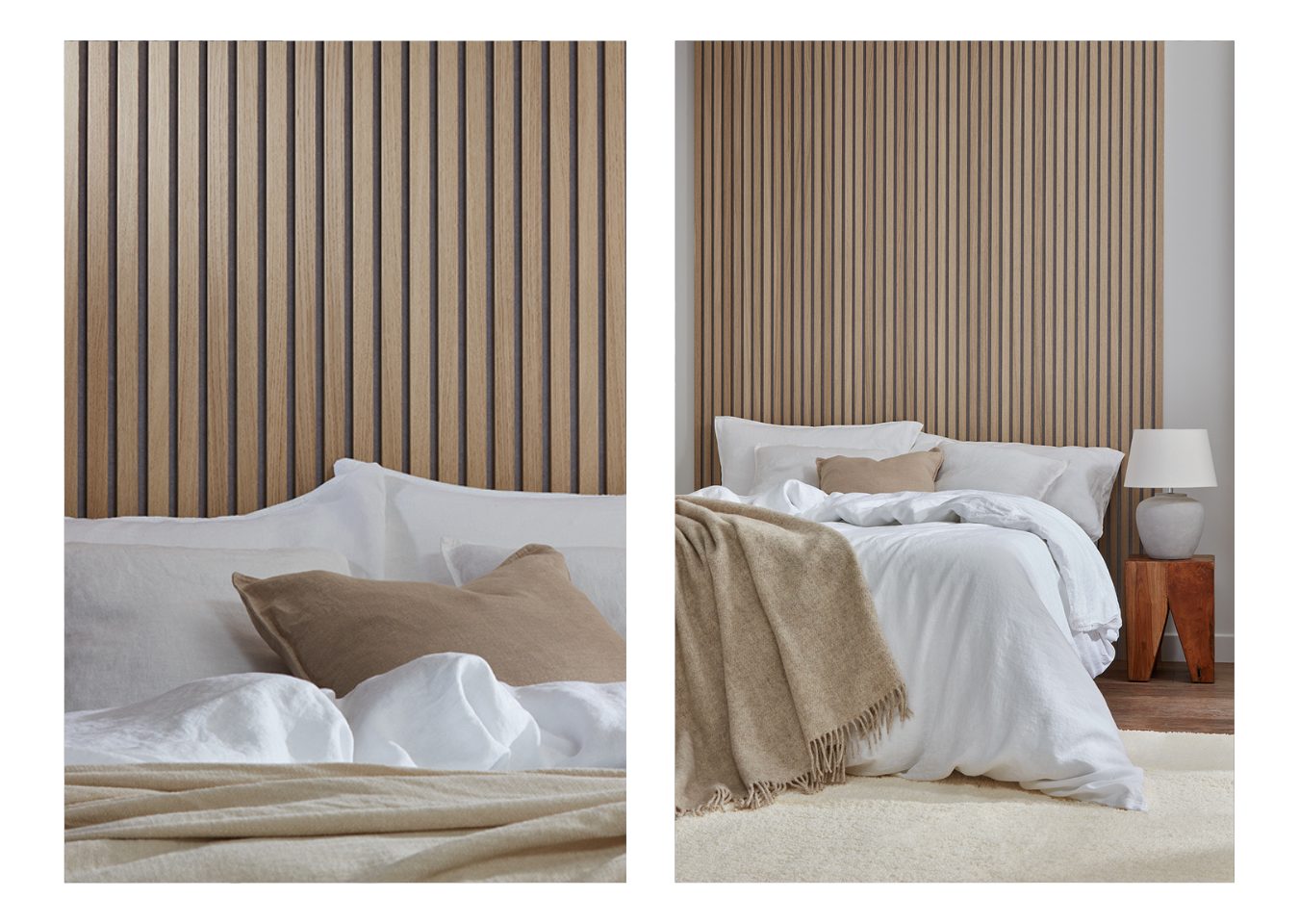 A white and beige bed in front of a floor-to-ceiling headboard made from SlatWall Natural Oak on grey felt.