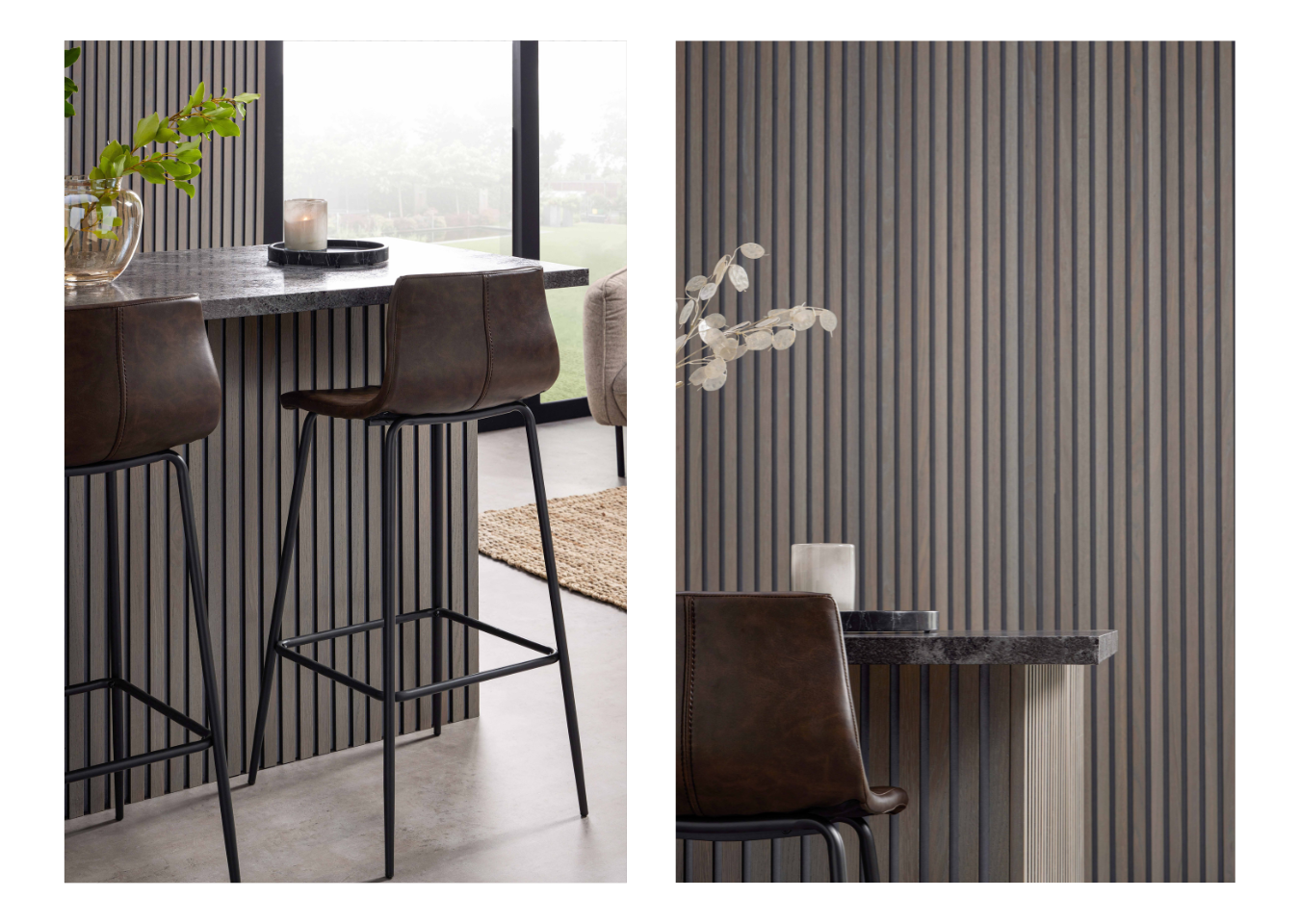 A breakfast bar featuring brown leather high chairs and SlatWall Grey Oak on grey felt.