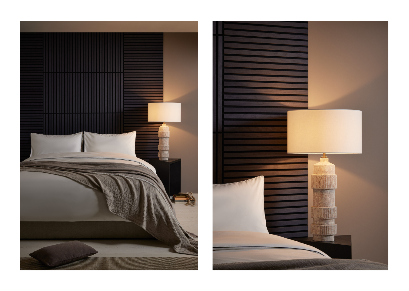 Left: a floor-to-ceiling bed headboard made from SlatWall Mini Charcoal Black panels. Right: a lamp in front of the headboard.