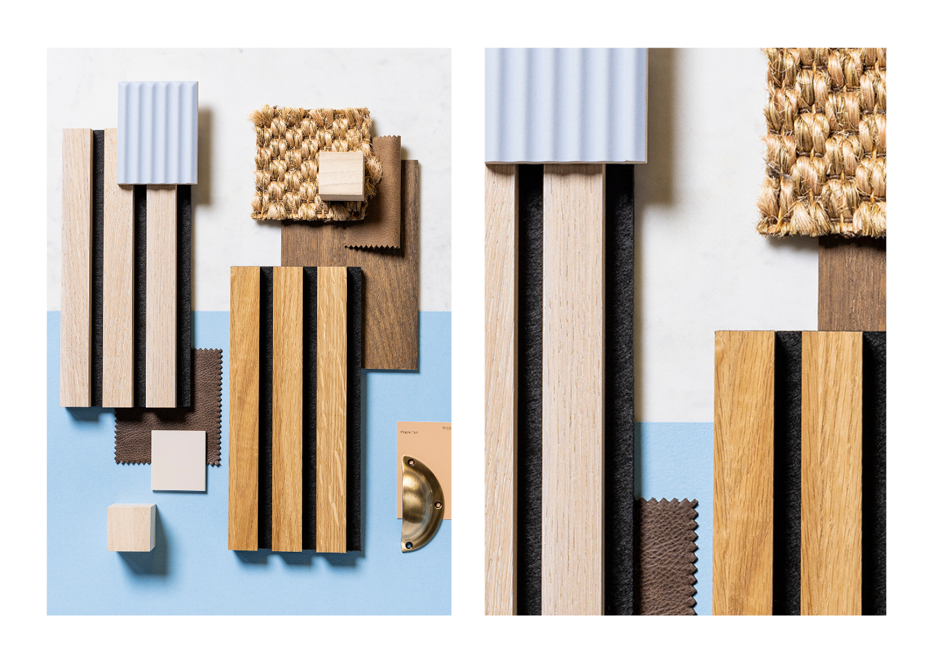 Interior design mood boards featuring SlatWall Washed Oak and Oiled Oak with powder blue, brown and neutral samples.