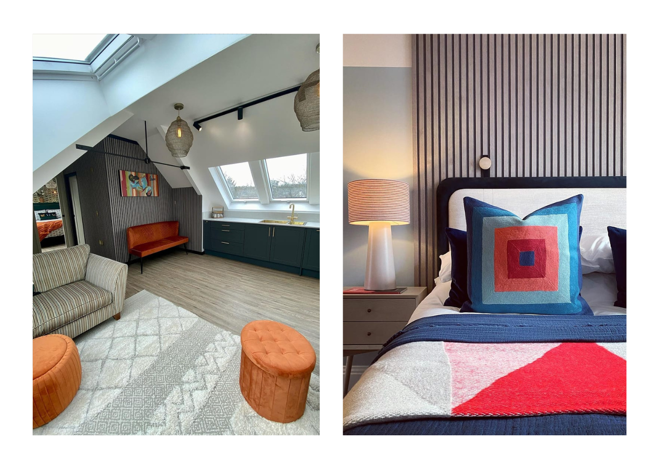 Two interiors with SlatWall Grey Oak panels. Greige living room with orange furniture and bedroom with pink and blue bedding.