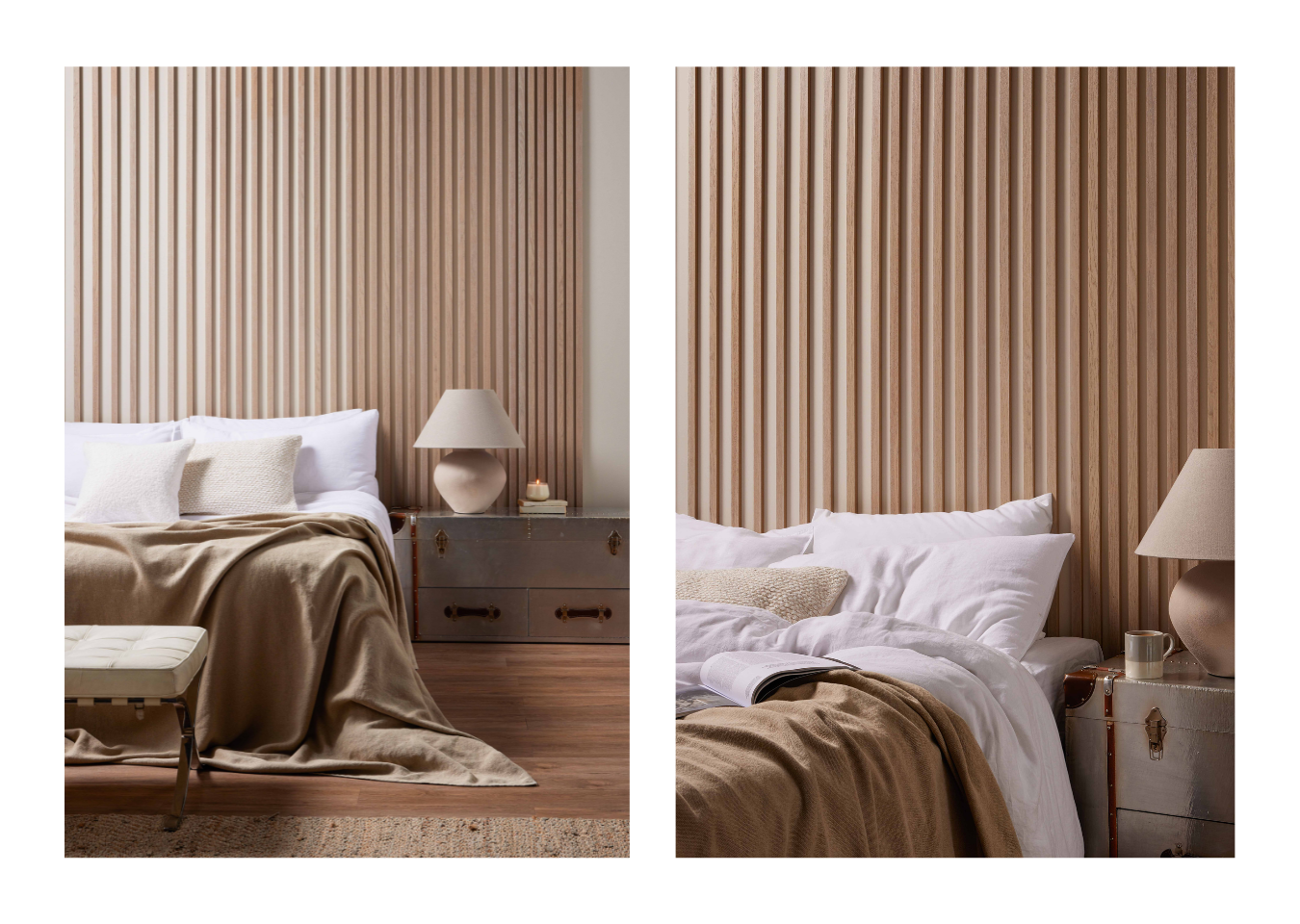 A bedroom headboard wall design made from Individual Slats in Natural Oak, featuring gaps of various sizes between the slats.
