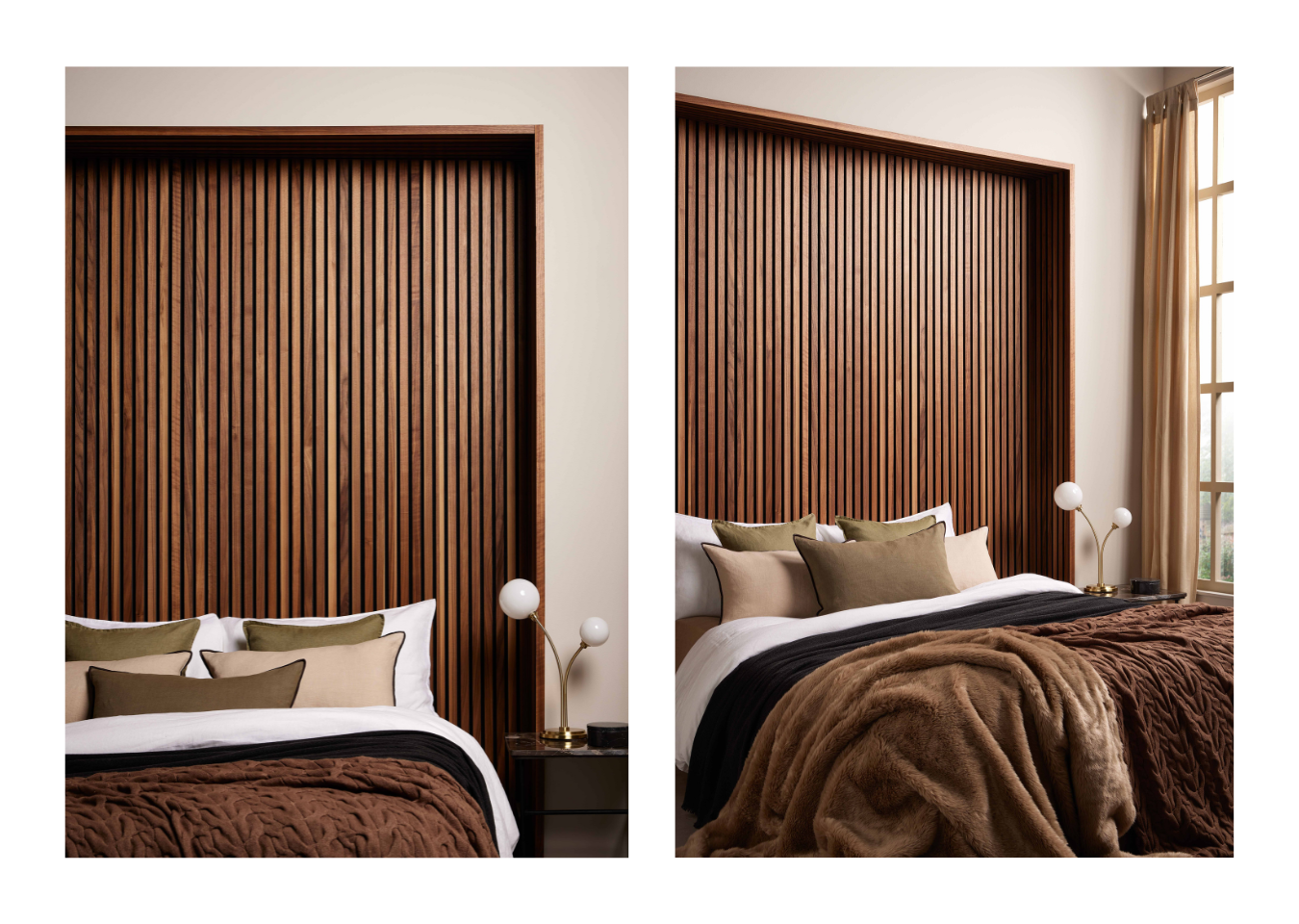 A headboard in a bedroom alcove decorated with SlatWall Deep Walnut acoustic panels on the wall, sides and ceiling.