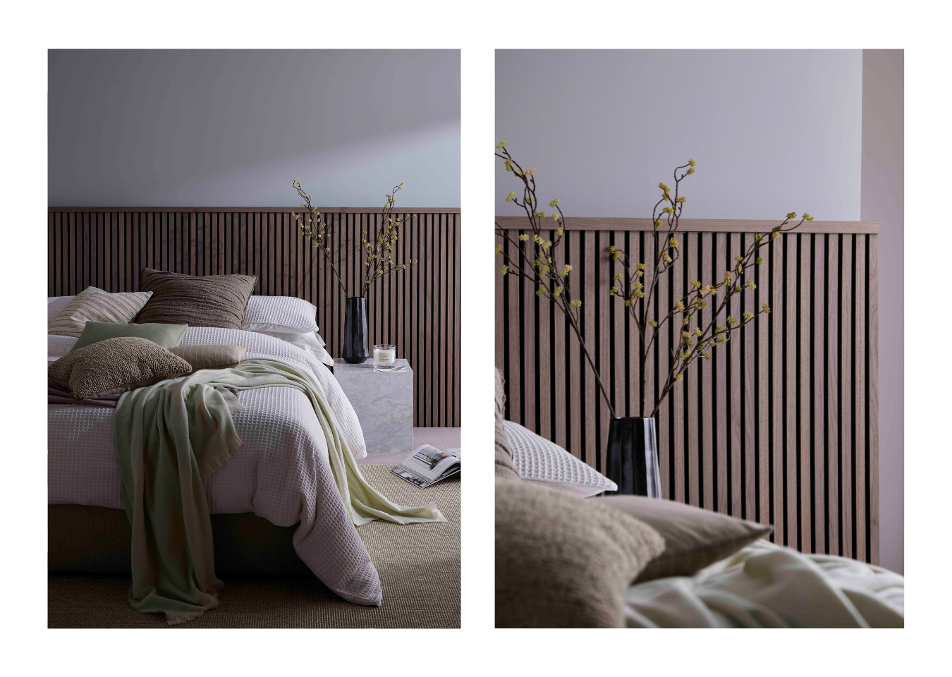 Left: headboard design featuring SlatWall Mini Walnut panels behind a bed. Right: a vase in front of the headboard.