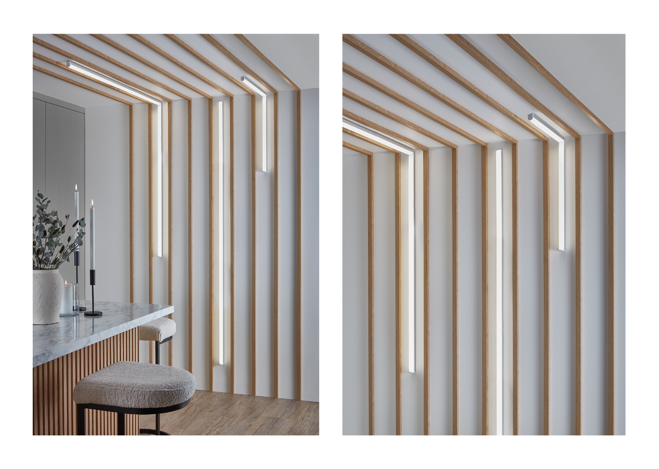 SlatWall Waterproof Natural Oak wood-effect individual slats mixed with strip lights on a kitchen wall and ceiling.