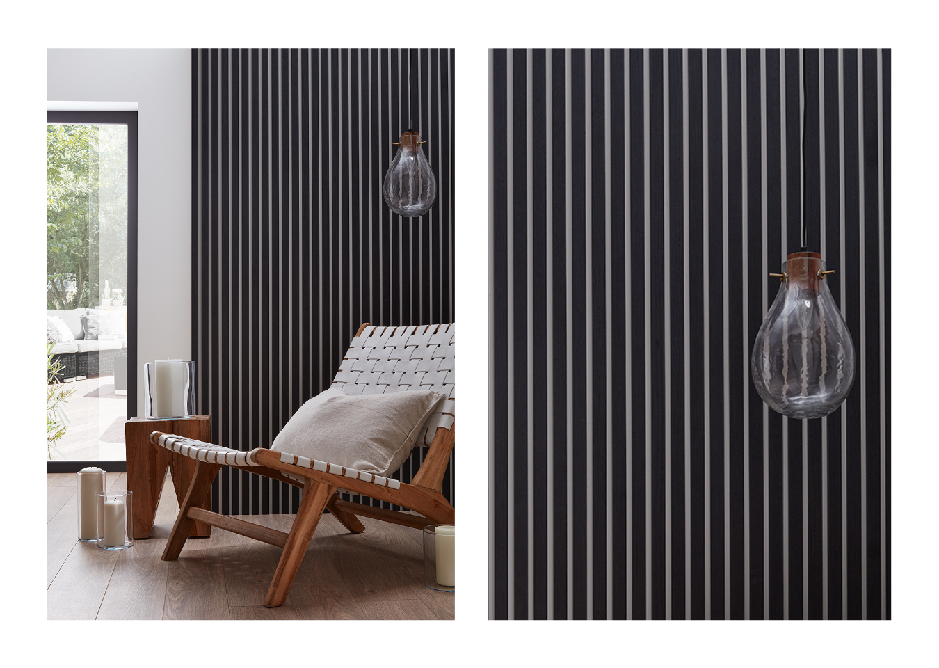 SlatWall Charcoal Black wooden slats on a wall behind a woven white chair and a brown table surrounded by candles.