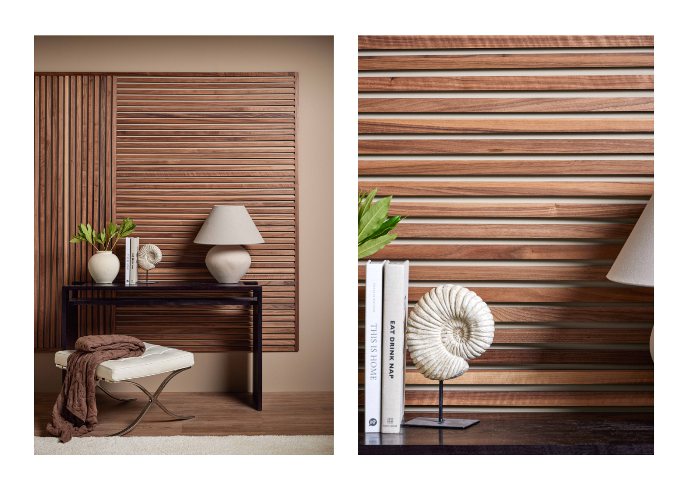 SlatWall Individual wooden slats in Deep Walnut on a wall behind a black dressing table with cream décor and a white chair.