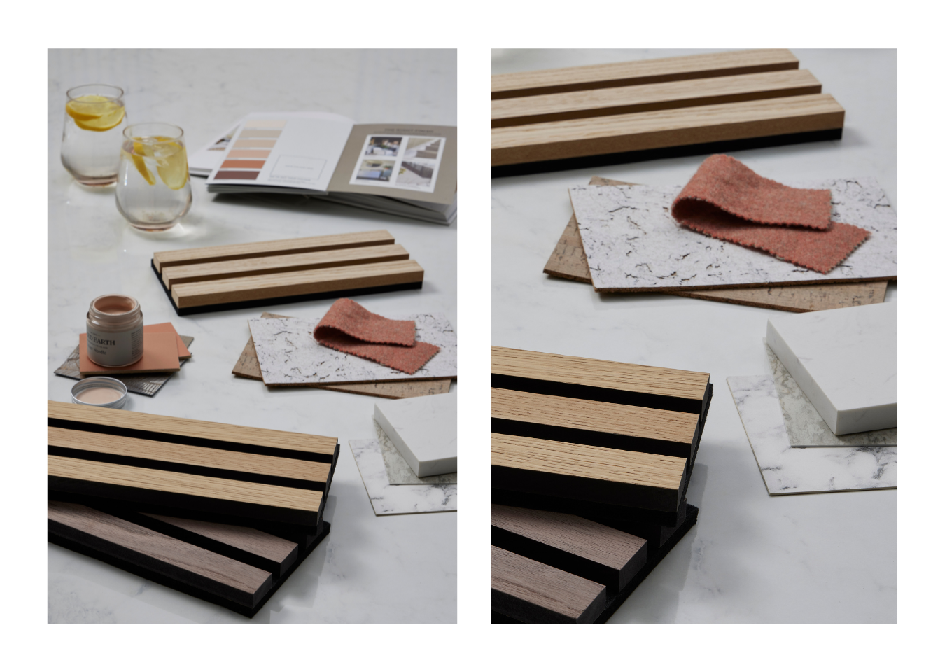 CorkWall Lagos White and SlatWall Natural Oak and Walnut samples styled with burnt orange, terracotta and lemon shades.