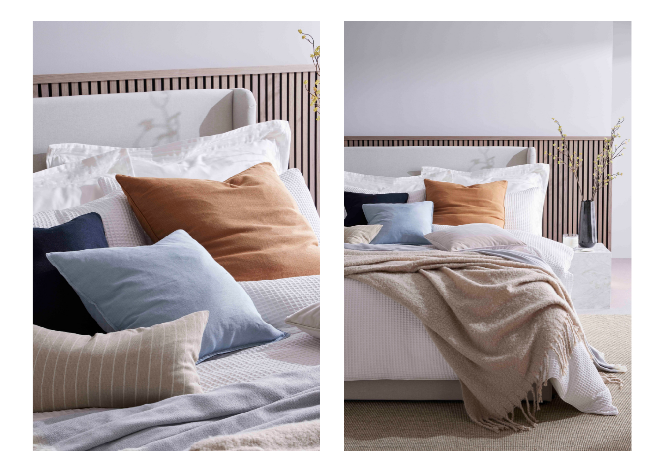Left: blue, orange and beige cushions on white bedding. Right: SlatWall Midi Walnut behind a bed with cushions and a blanket.