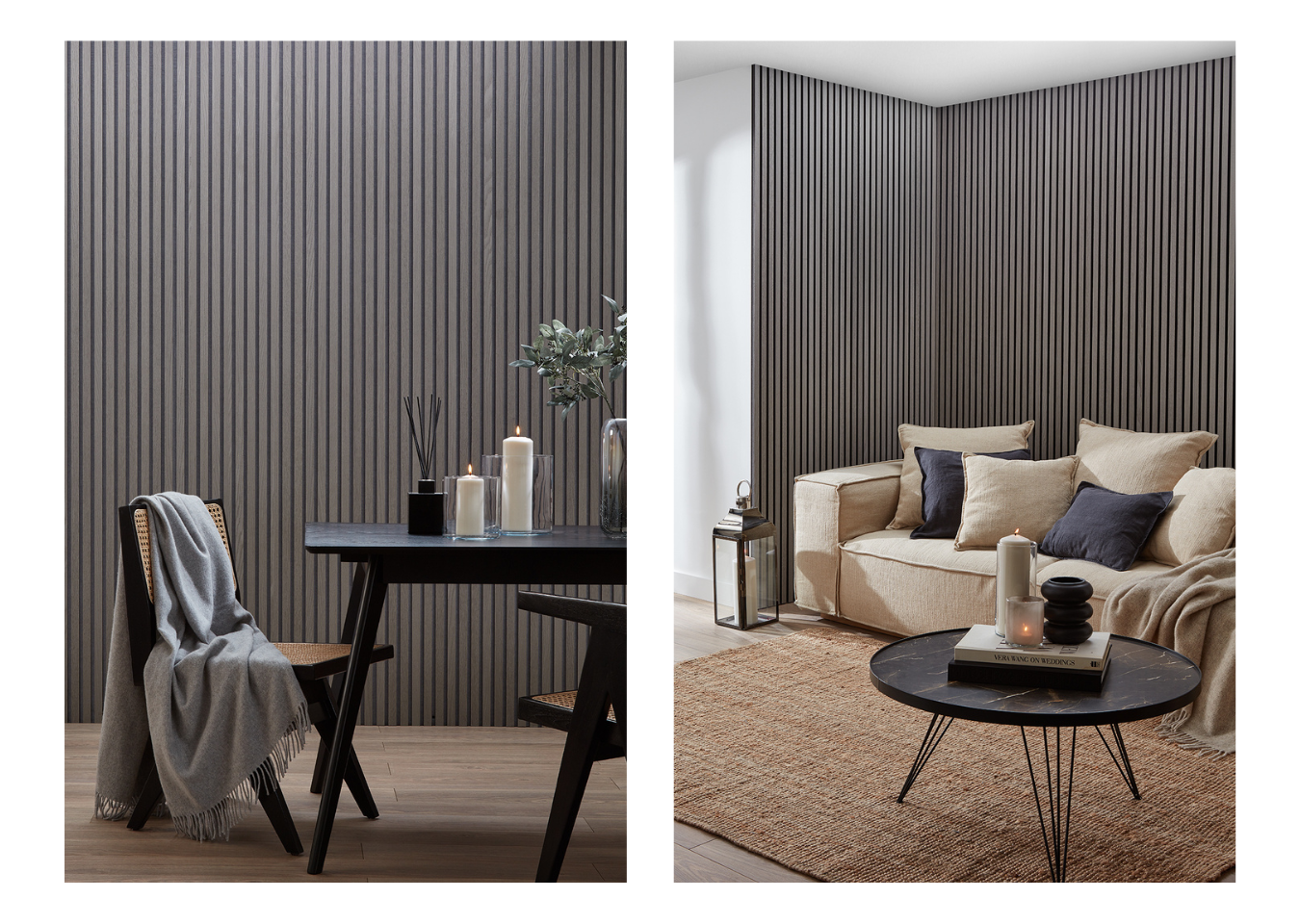 Two greige interiors. A dining room with black furniture and a living room with a beige sofa, with SlatWall Grey Oak walls.