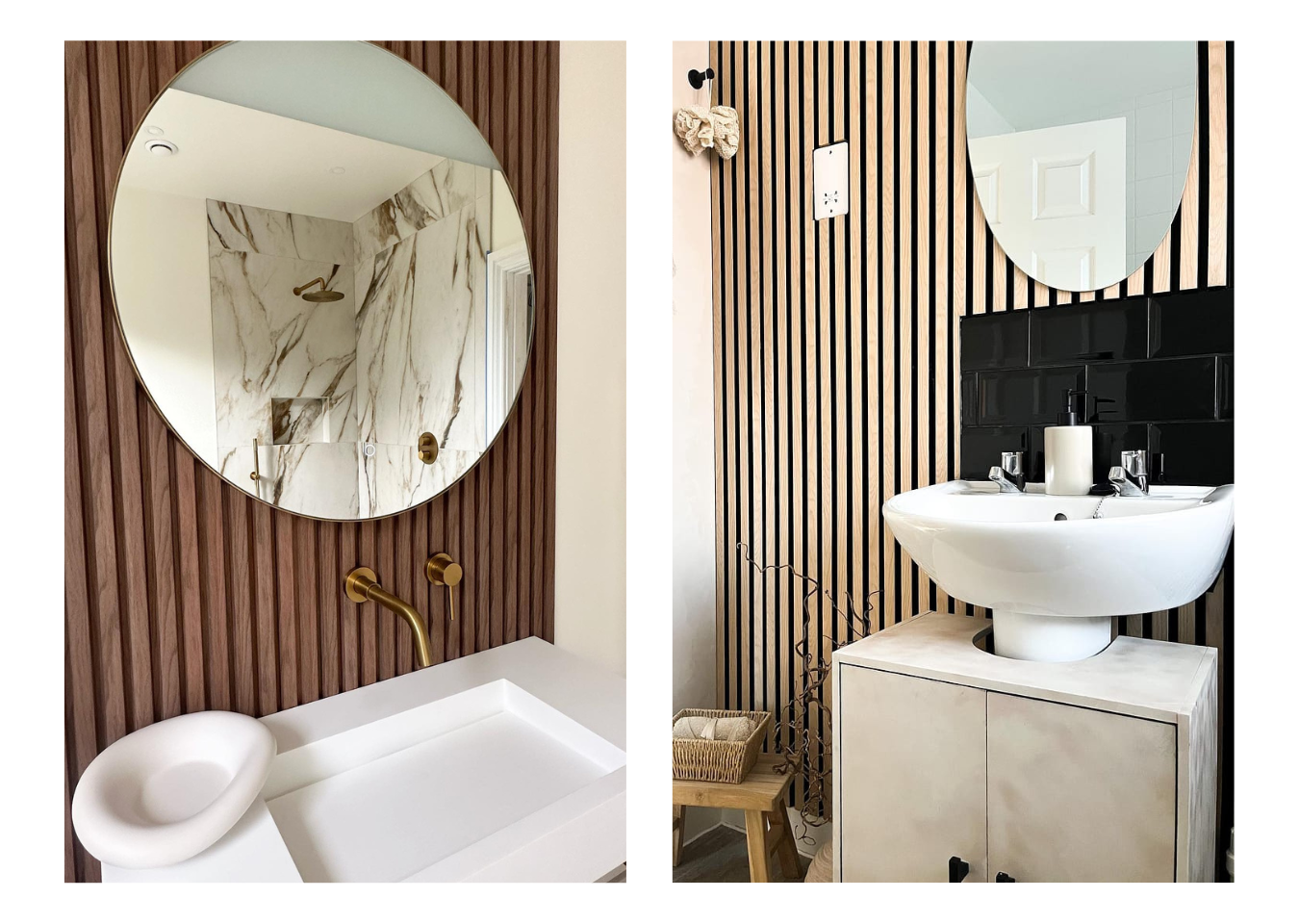 Left: Walnut panels in small bathroom, above white sink and round mirror. Right: Tiny bathroom with waterproof wall panels.