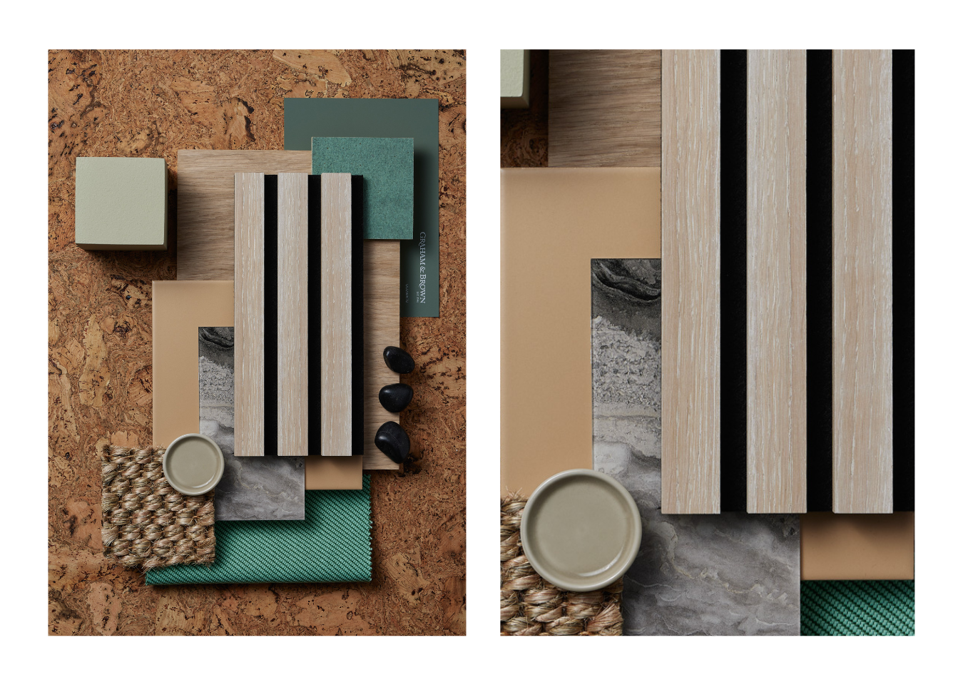 Mood board for interior design featuring SlatWall Washed Oak and CorkWall Cascais Natural samples with green swatches.