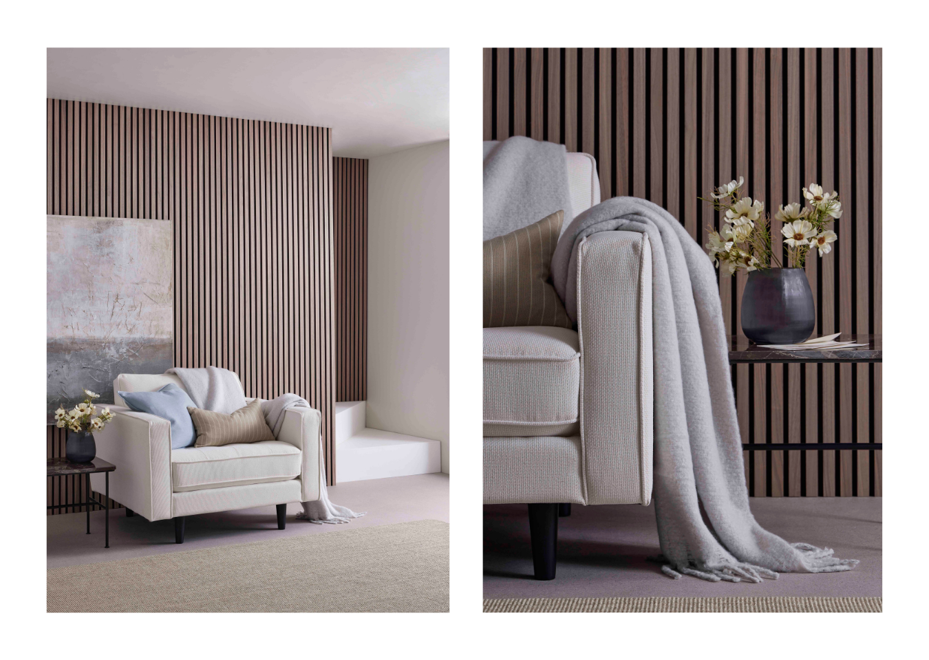 Stairs and hallway wall décor idea featuring SlatWall Walnut panels behind a cream chair, black side table and flower vase.