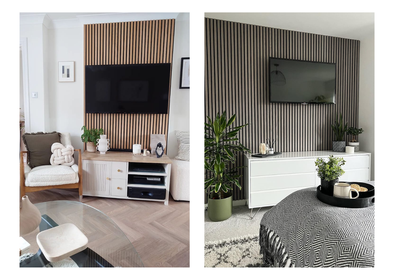 Left: neutral living room with a SlatWall section for a wall-mounted TV. Right: grey bedroom with a full SlatWall media wall.