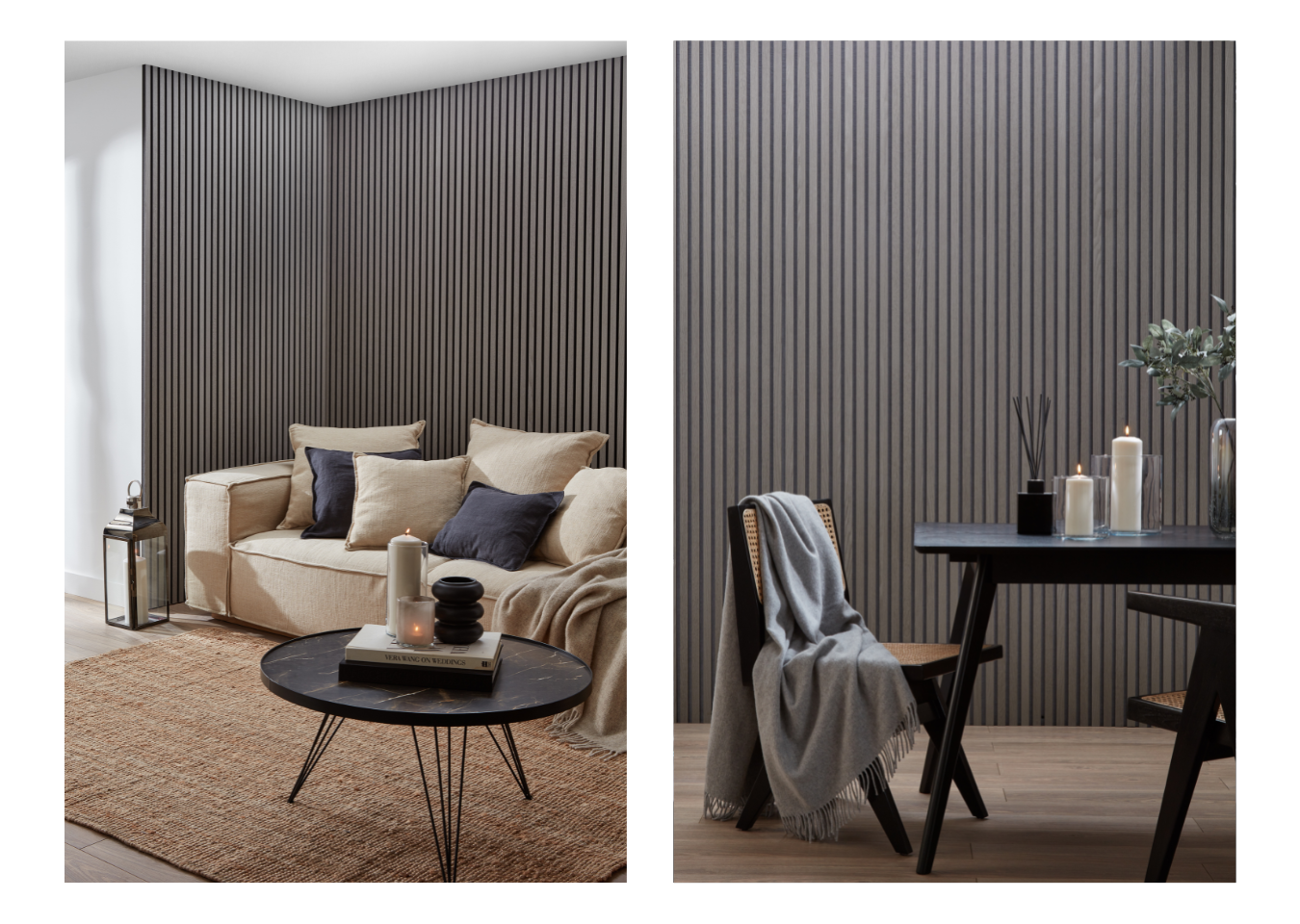 Two images, on the left is shows a living room with a slatwall background, there is a beige sofa and a coffee table. on the right there is a dining room with a grey slatwall background, there is a black table with black chairs with a rattan backing