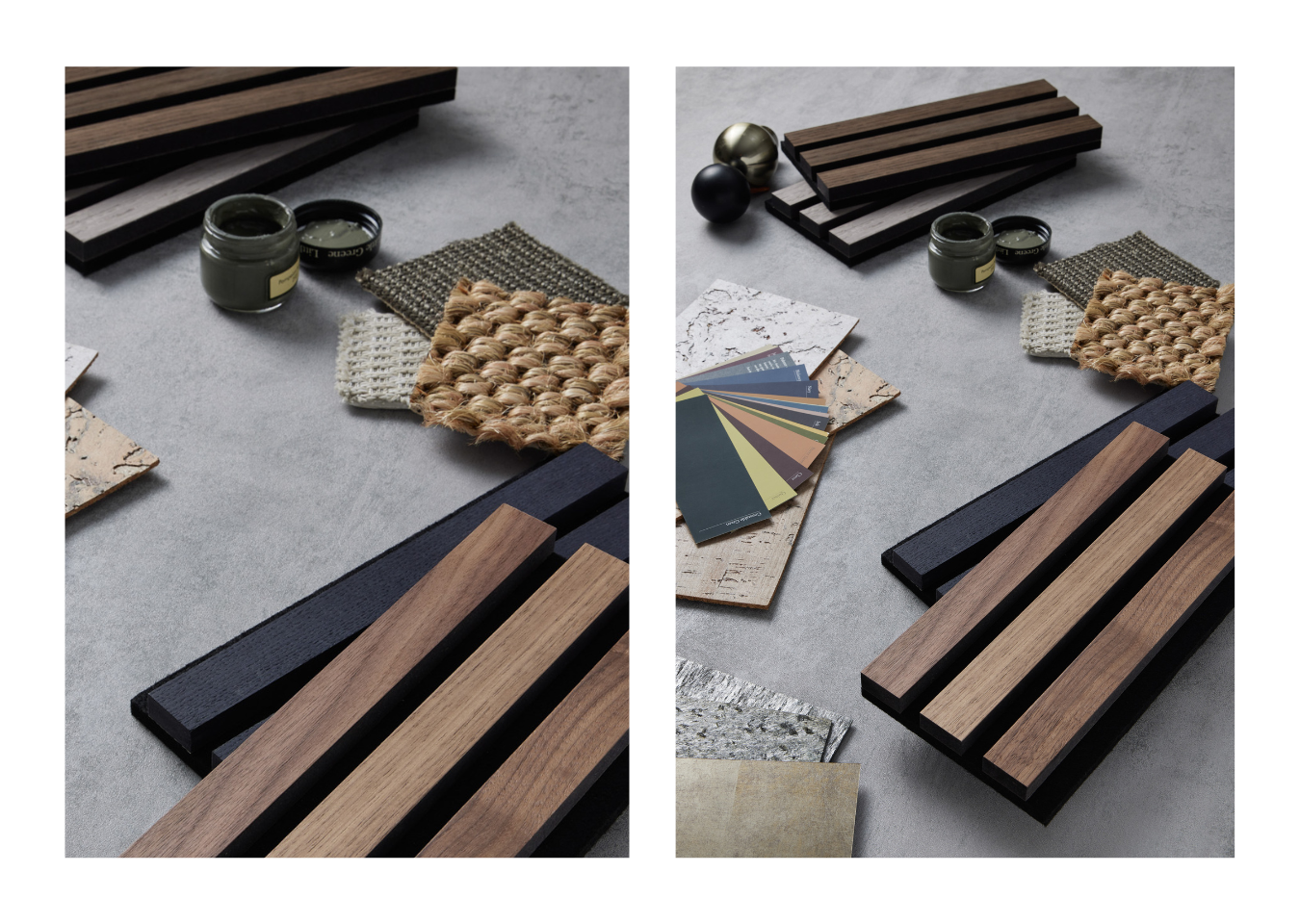 Interior design concept board featuring SlatWall samples, CorkWall Samples, fabric swatches and colour cards in dark tones.