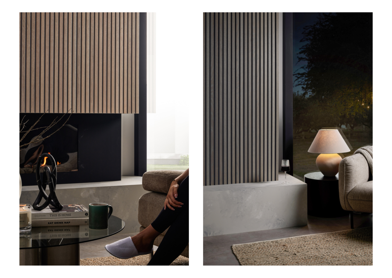 There are two images, on the left shows a fireplace covered with SlatWall, a coffee table and someone's legs sitting on a sofa. On the right is the edge of a fireplace covered with the SlatWall, with  glass of red wine on the side.