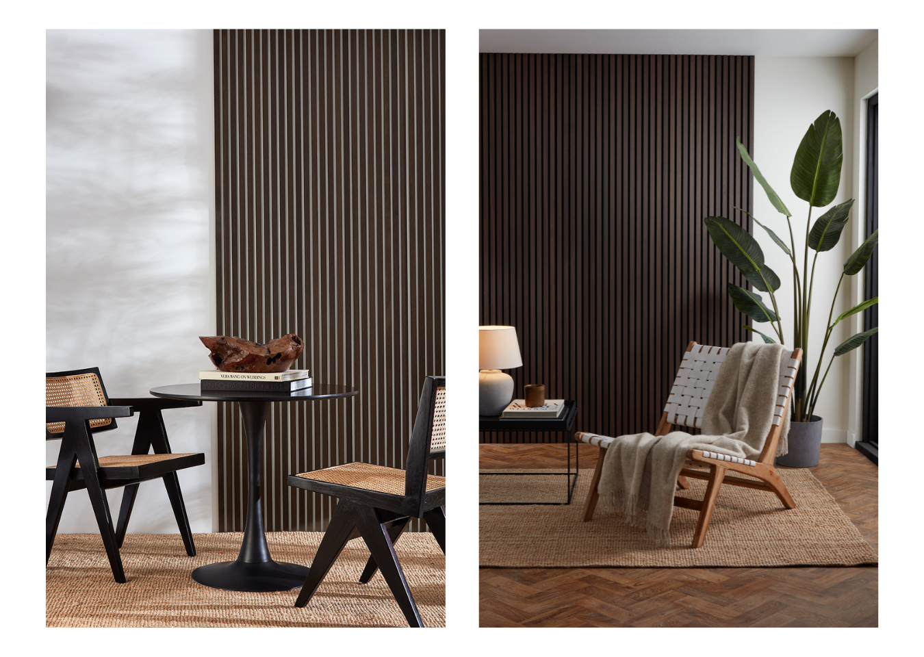 Two images, on the left shows a slatwall back drop with a table and rattan chair next to it, on the right the image shows a slatwall backdrop with a lounge chair in front 